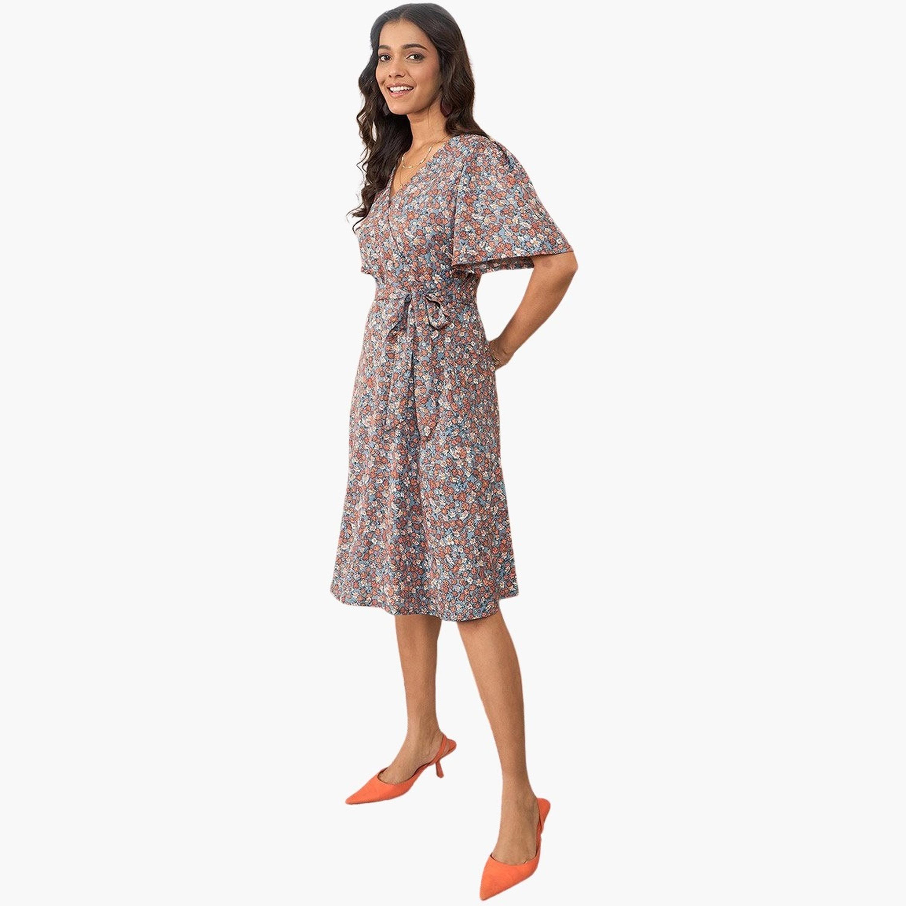 Stylestone X Styli Floral Print V-Neck Wrap Knee Length Dress-women-clothing-dresses-image-4
