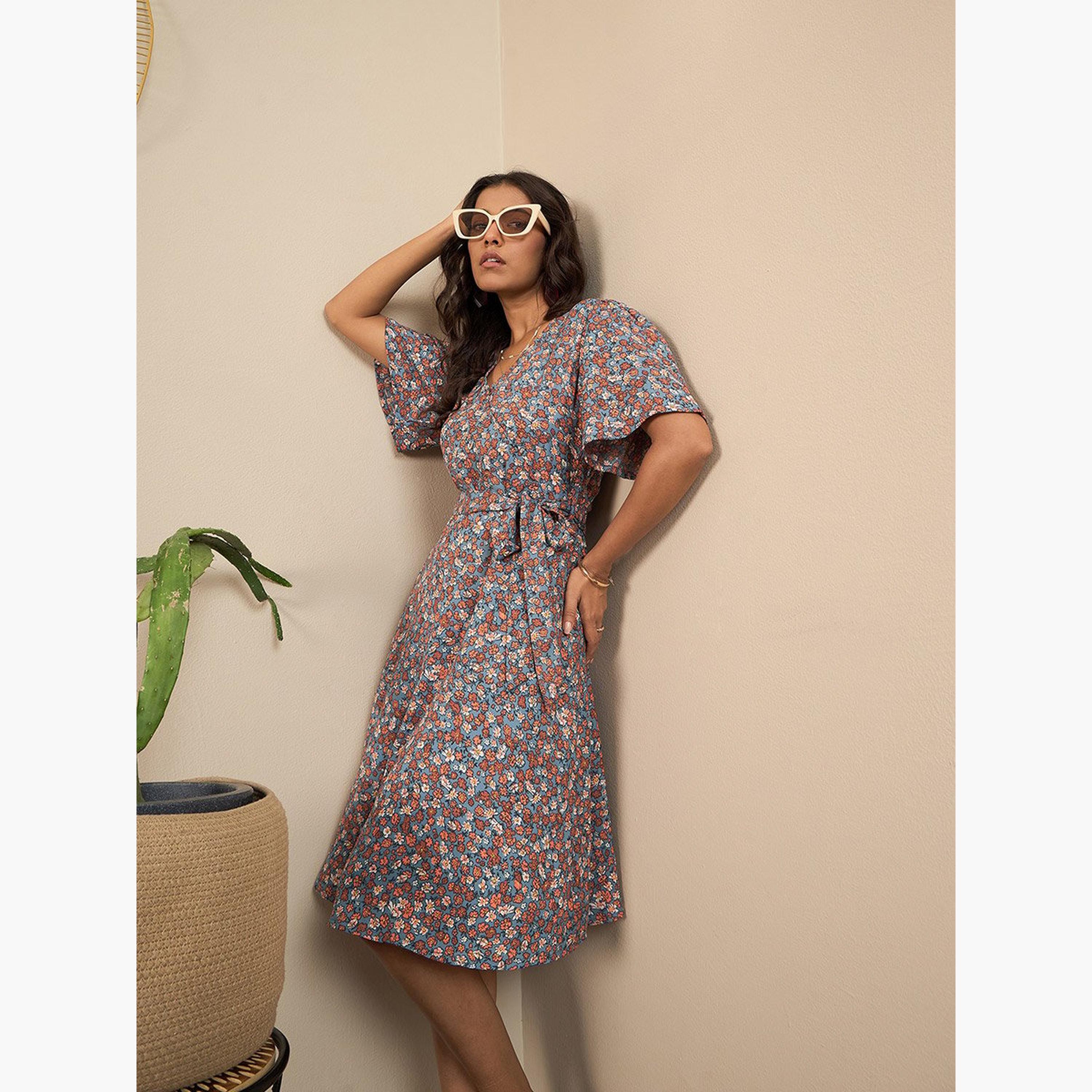 Stylestone X Styli Floral Print V-Neck Wrap Knee Length Dress-women-clothing-dresses-image-5