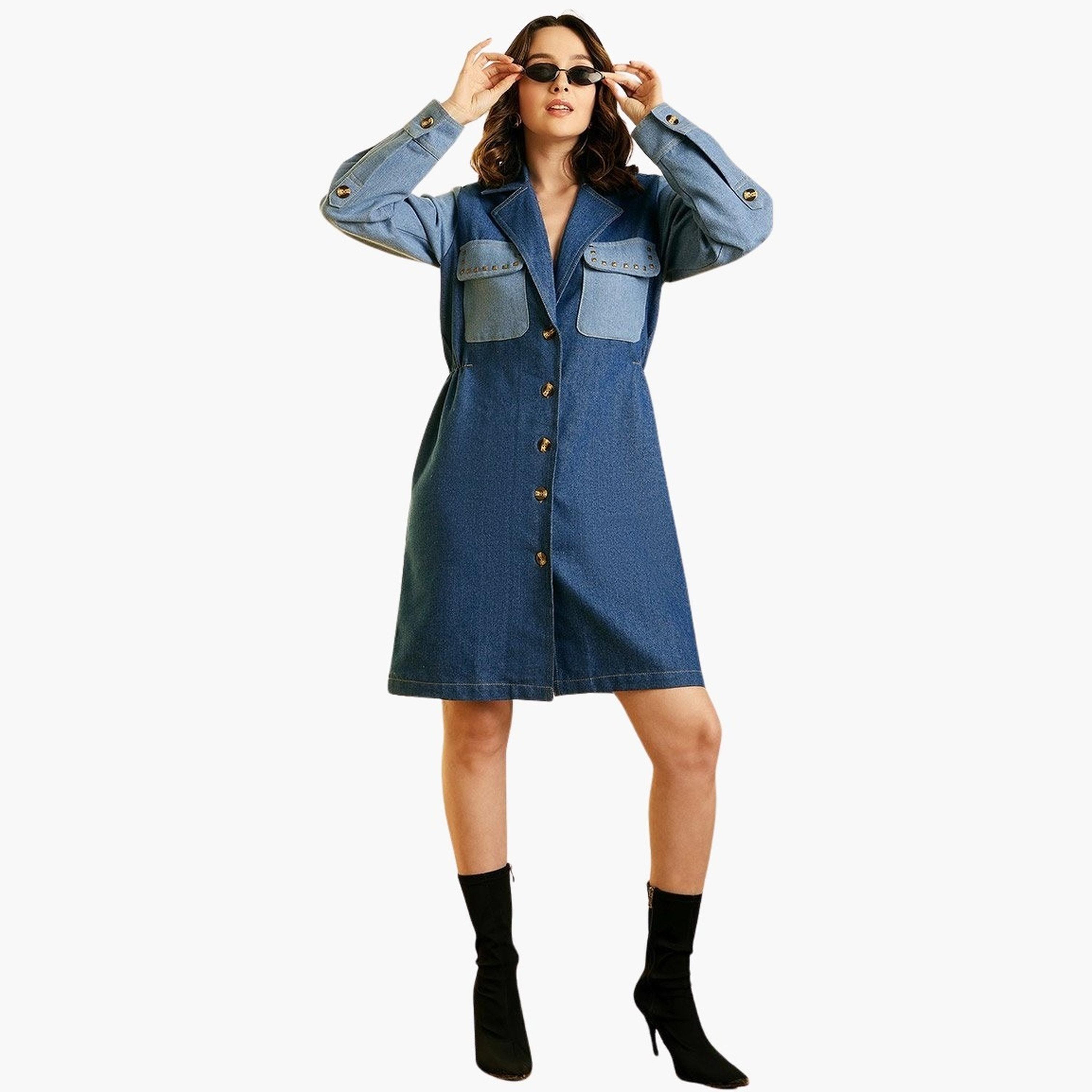 ستايل ستون × ستايلي - فستان جينز بنمط كتل الألوان، طول للركبة-women-clothing-dresses-image-1