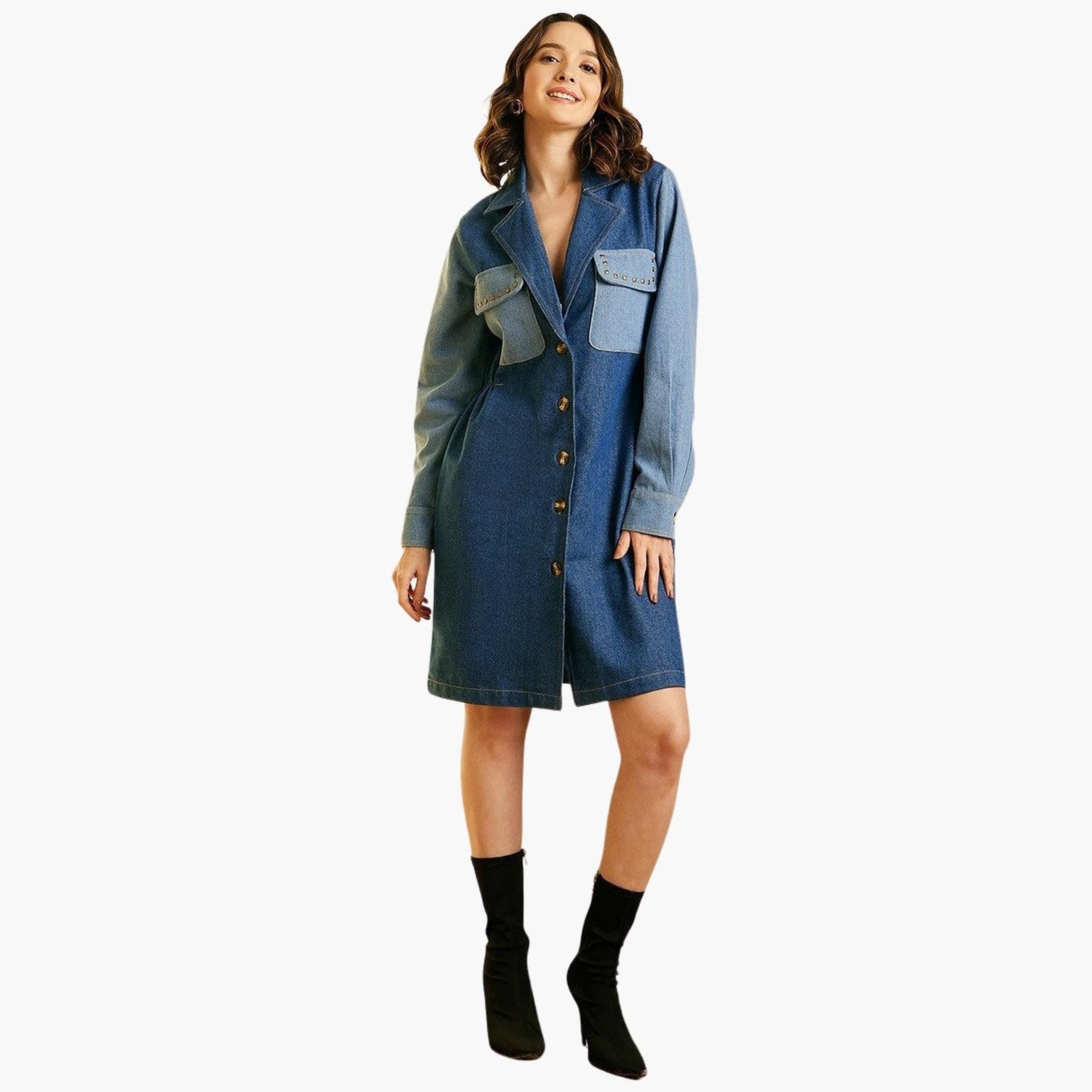 Stylestone X Styli Color Block Denim Knee Length Shirt Dress-women-clothing-dresses-image-2