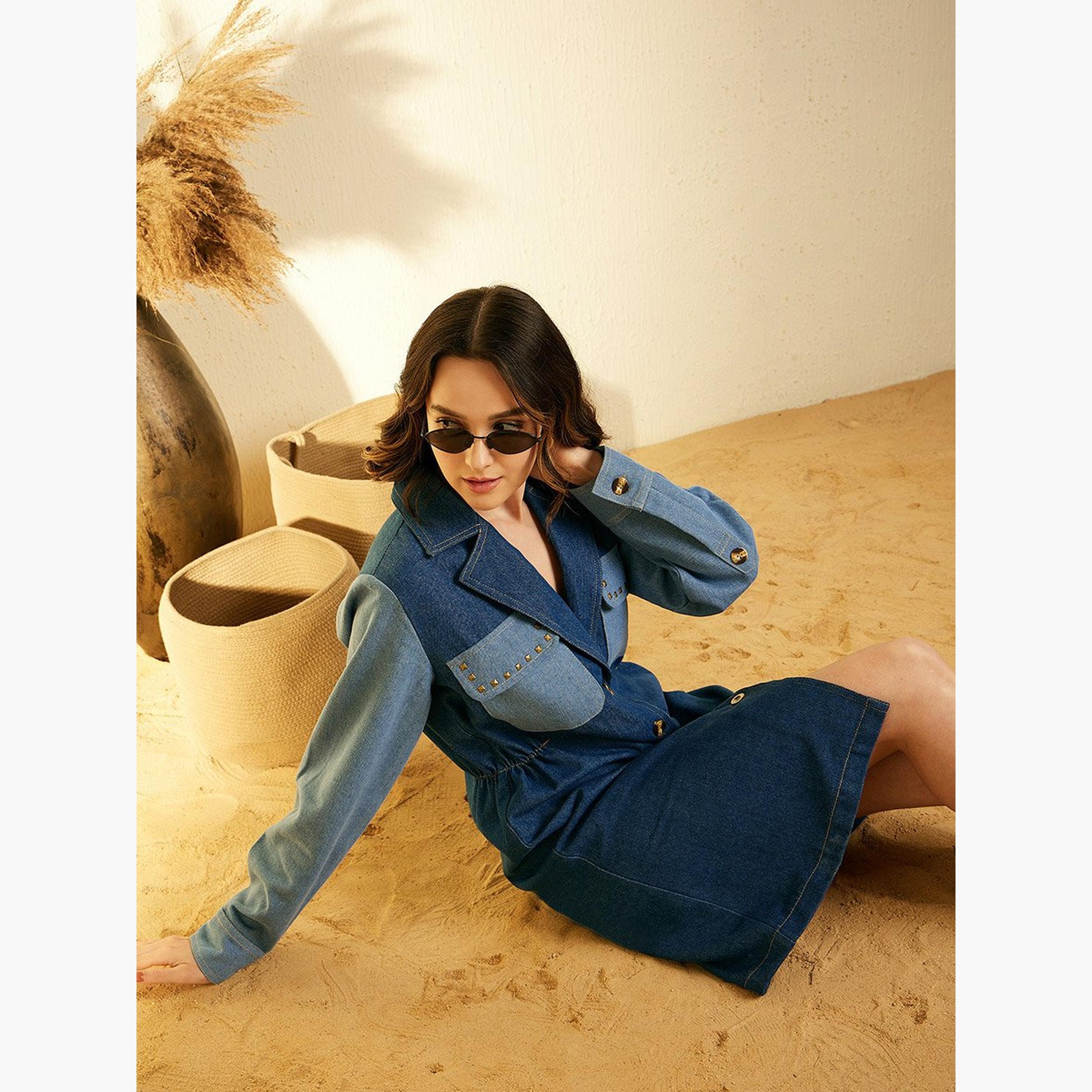Stylestone X Styli Color Block Denim Knee Length Shirt Dress-women-clothing-dresses-image-3
