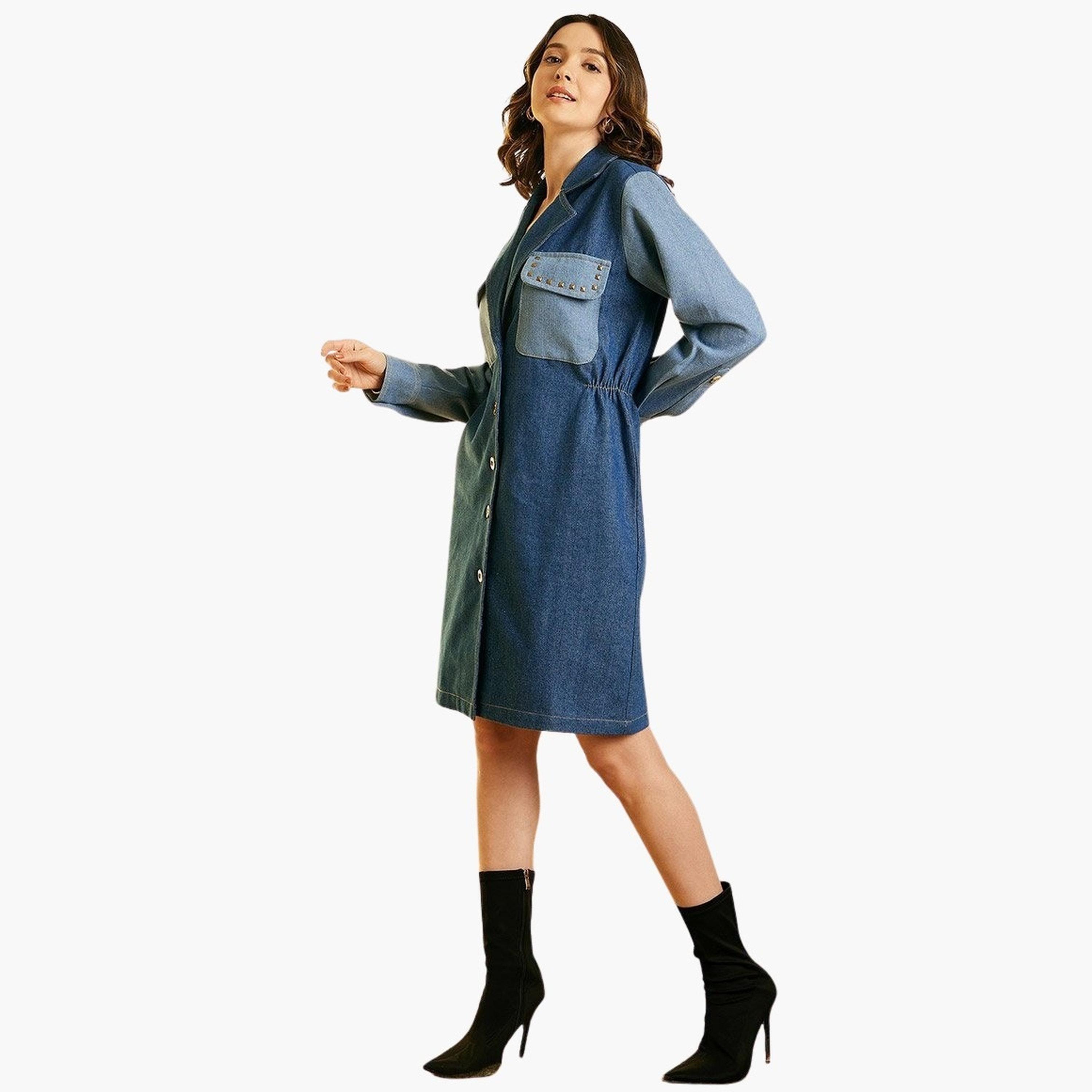 ستايل ستون × ستايلي - فستان جينز بنمط كتل الألوان، طول للركبة-women-clothing-dresses-image-4