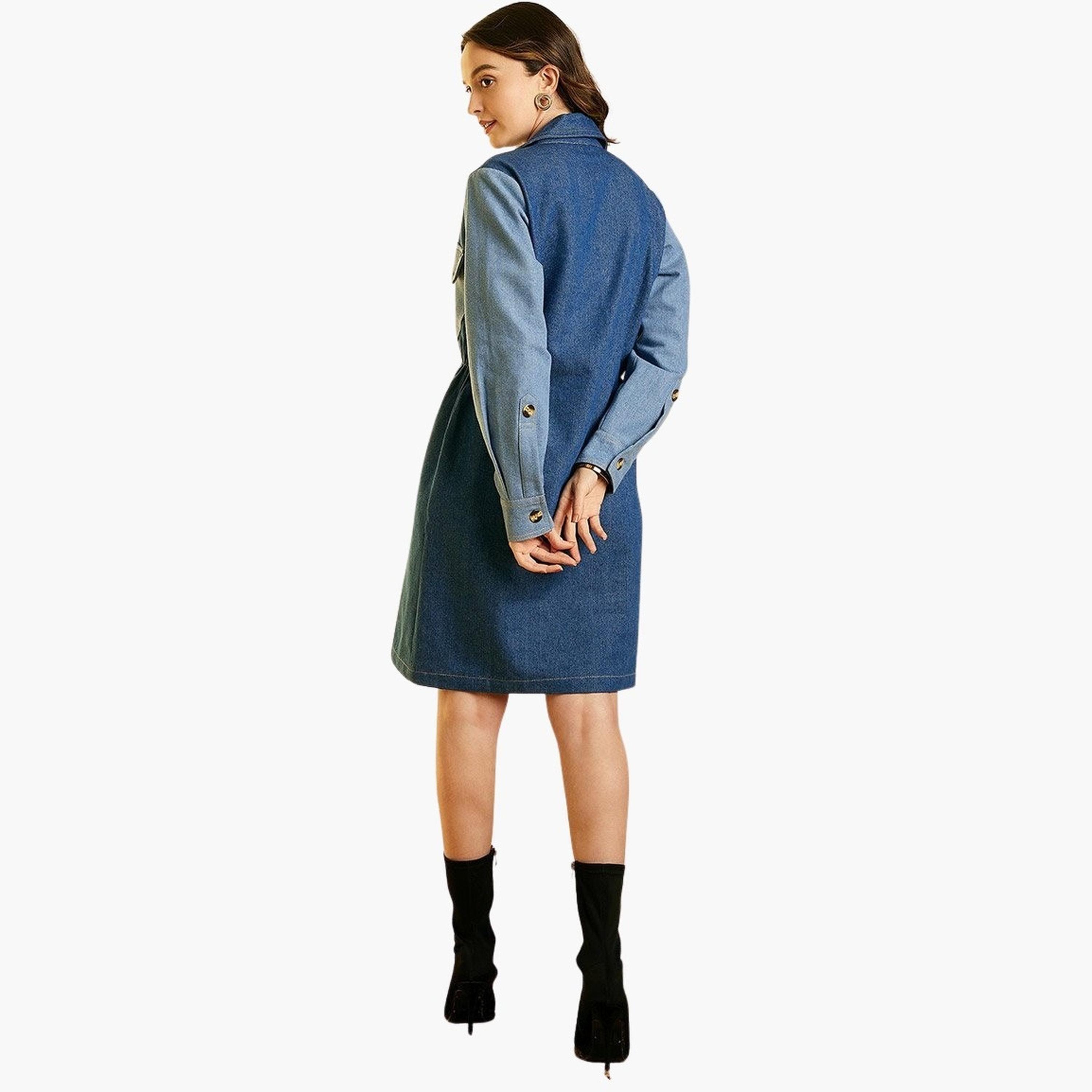 Stylestone X Styli Color Block Denim Knee Length Shirt Dress-women-clothing-dresses-image-5