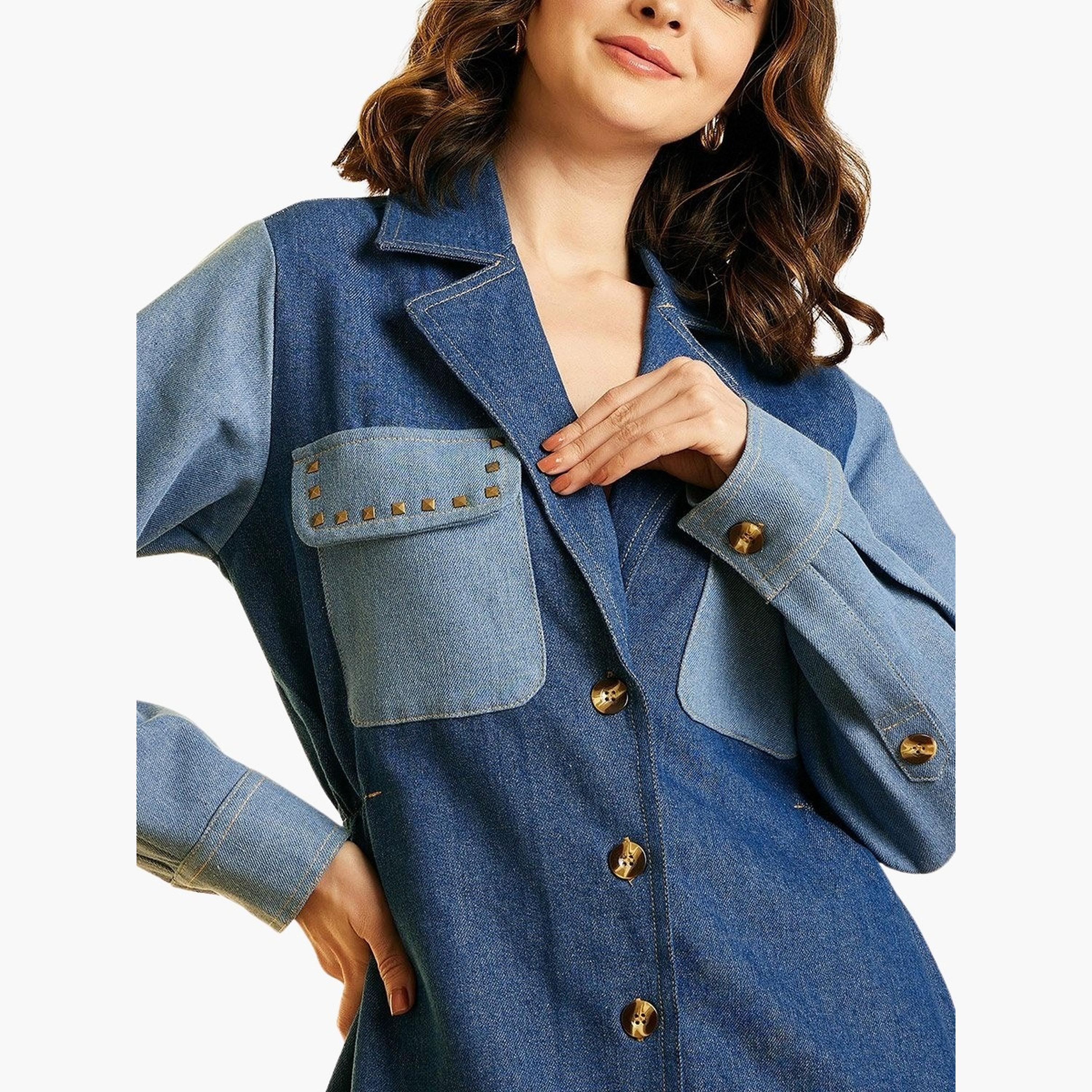 Stylestone X Styli Color Block Denim Knee Length Shirt Dress-women-clothing-dresses-image-6