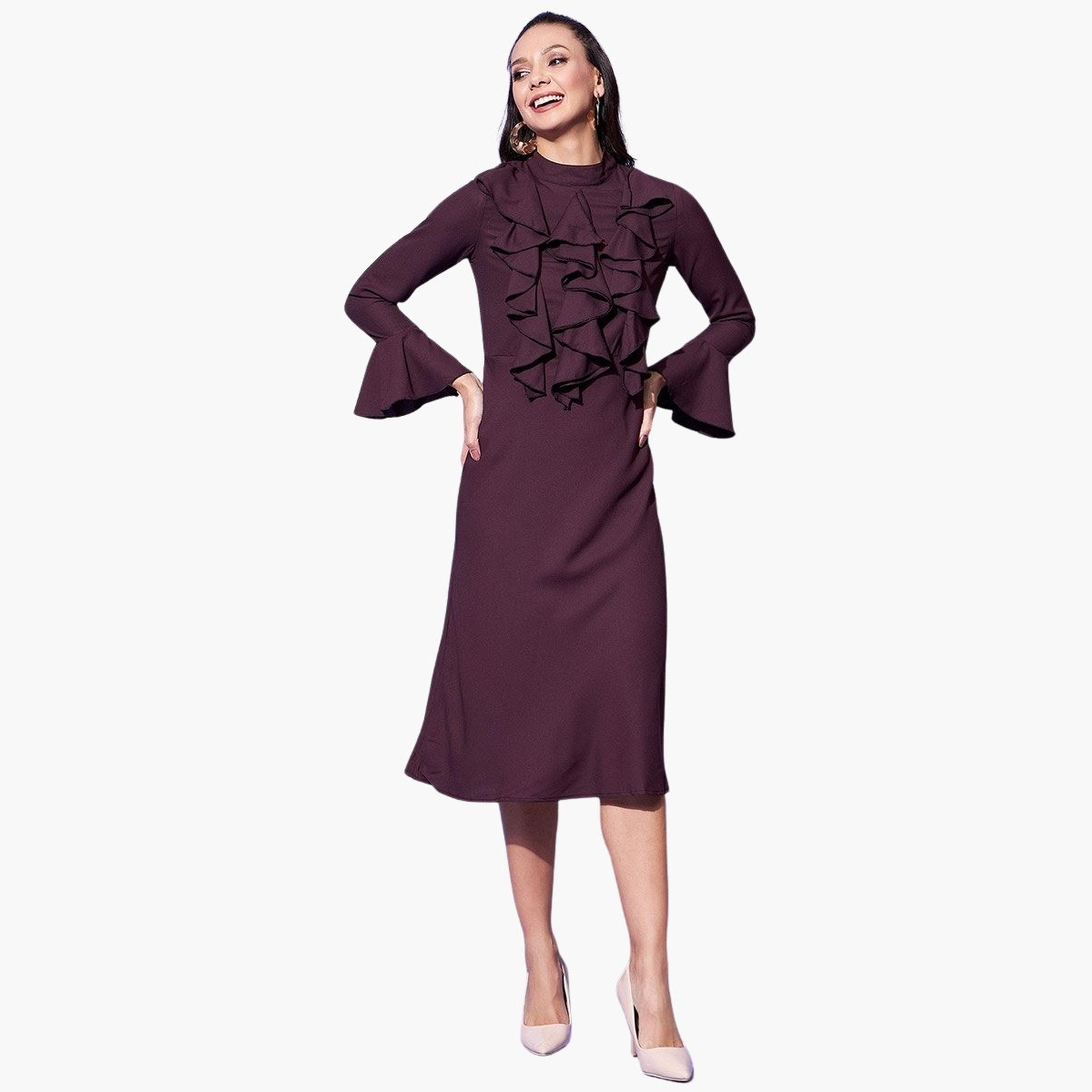 Stylestone X Styli Maroon Front Ruffled Bell Sleeve Midi Dress-women-clothing-dresses-image-1
