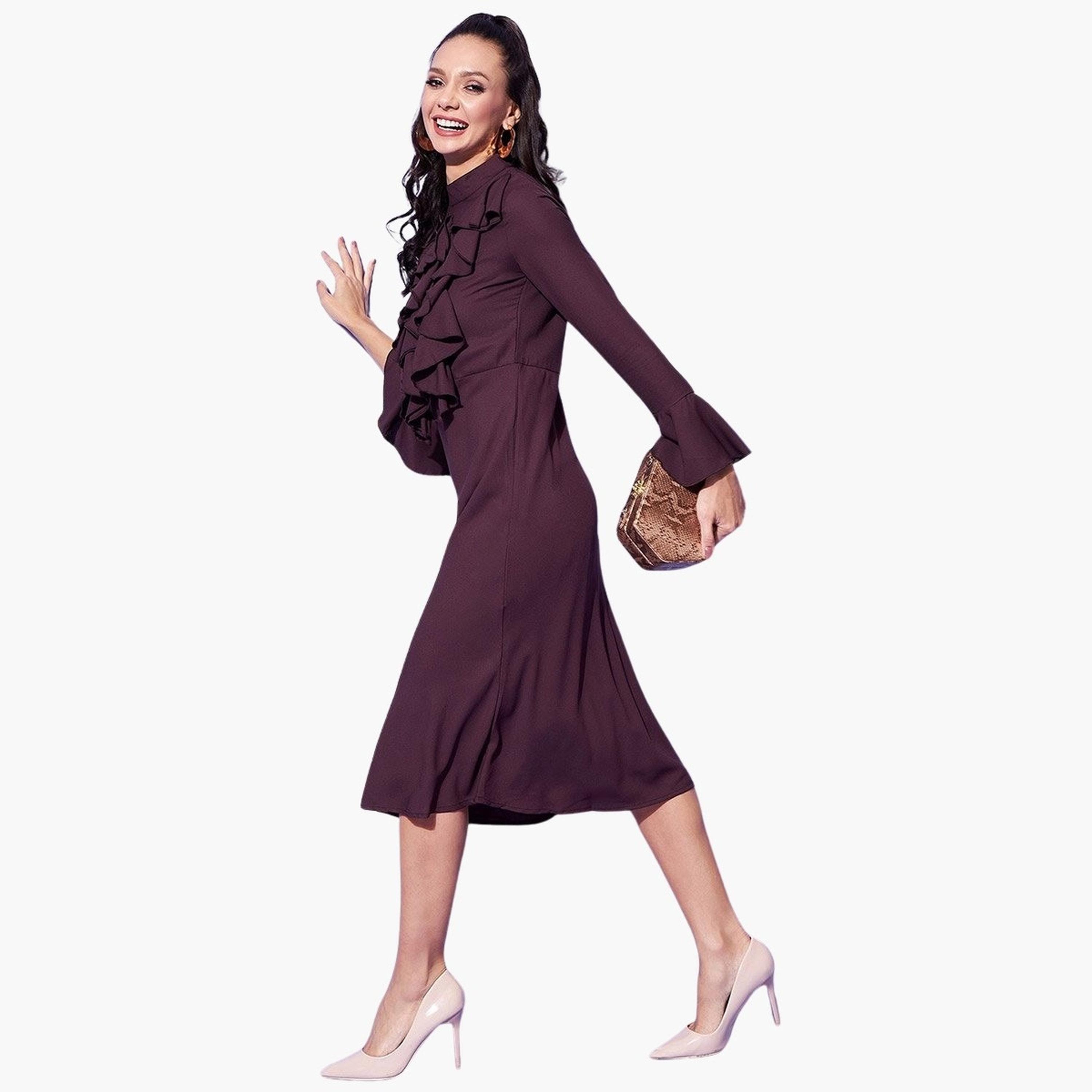 ستايل ستون × ستايلي - فستان متوسط ​​الطول أكمام جرس، مزين بكشكشة من الأمام-women-clothing-dresses-image-3