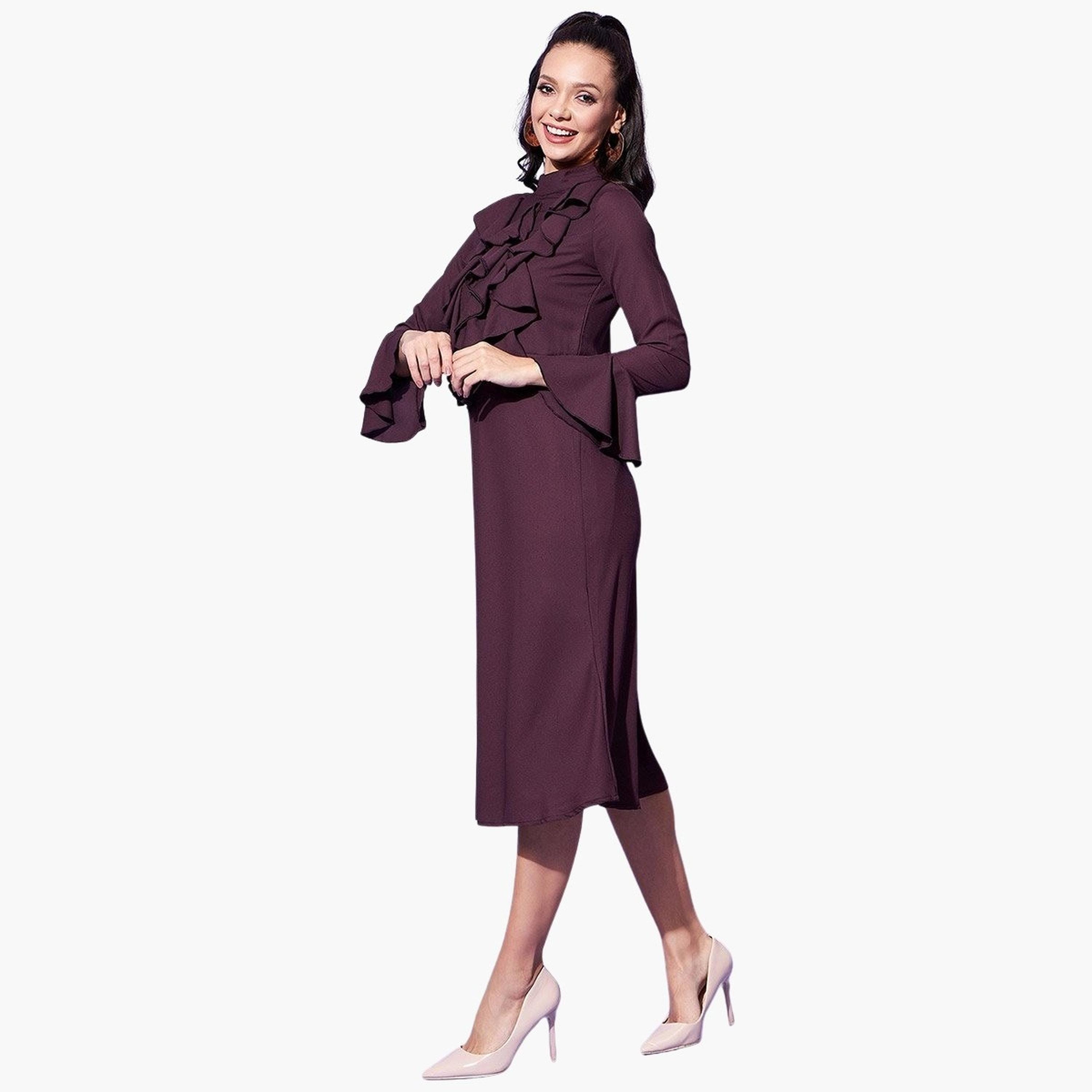 ستايل ستون × ستايلي - فستان متوسط ​​الطول أكمام جرس، مزين بكشكشة من الأمام-women-clothing-dresses-image-4