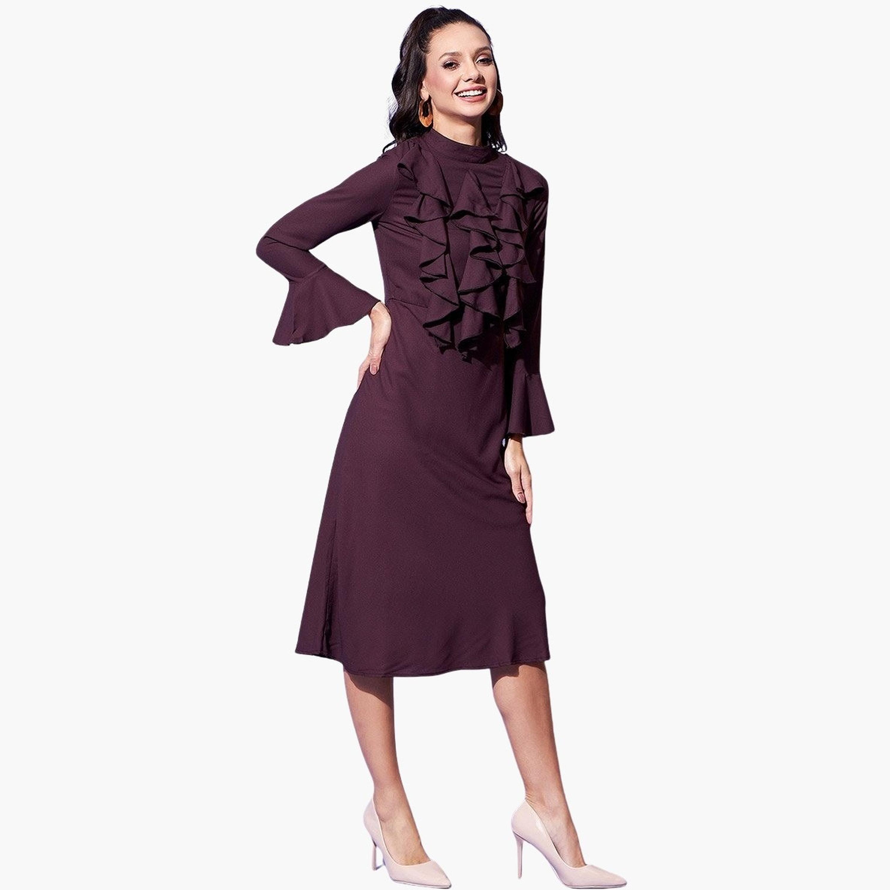 Stylestone X Styli Maroon Front Ruffled Bell Sleeve Midi Dress-women-clothing-dresses-image-5
