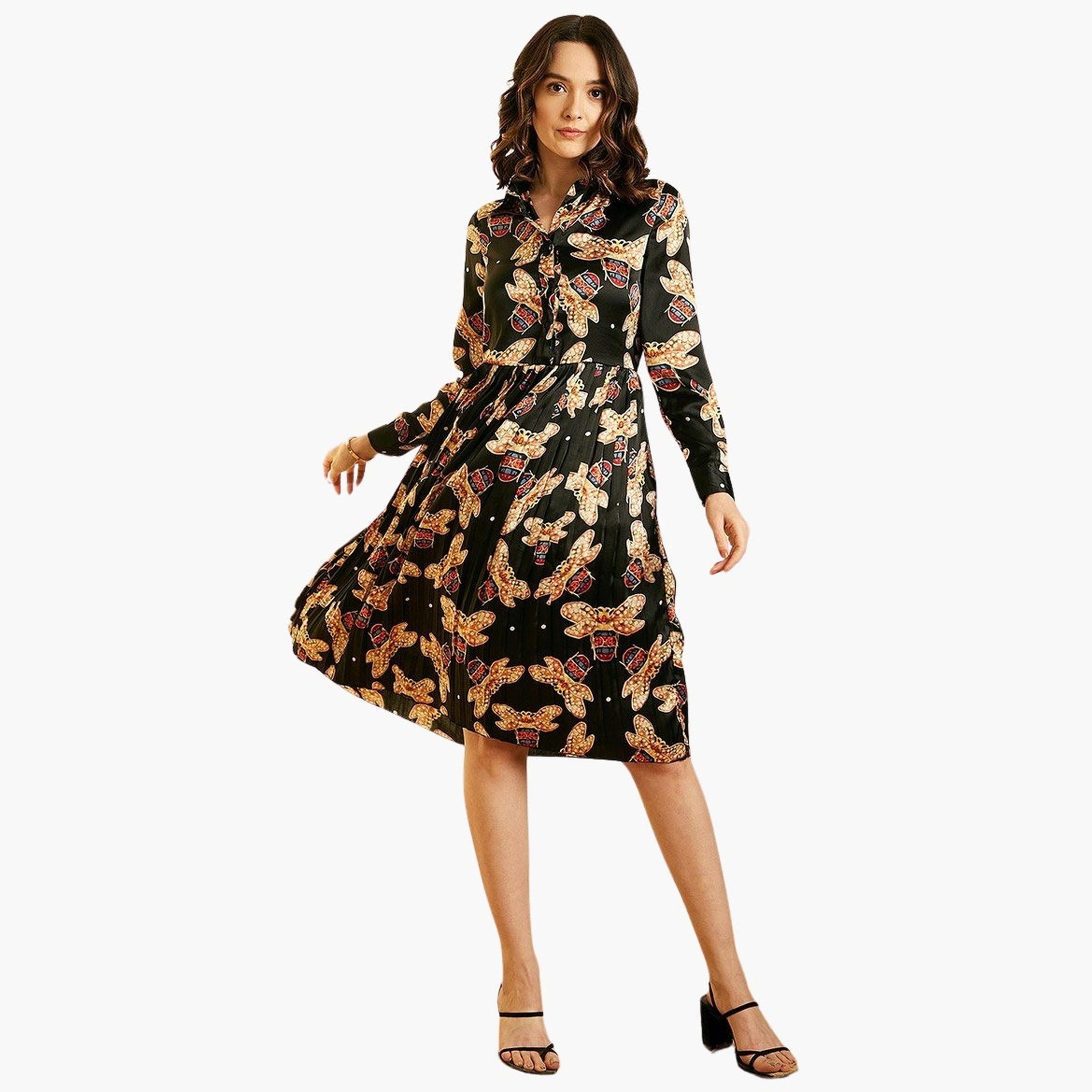 ستايل ستون × ستايلي - فستان ساتان مطبوع بالكامل، بثنيات طول للركبة-women-clothing-dresses-image-1