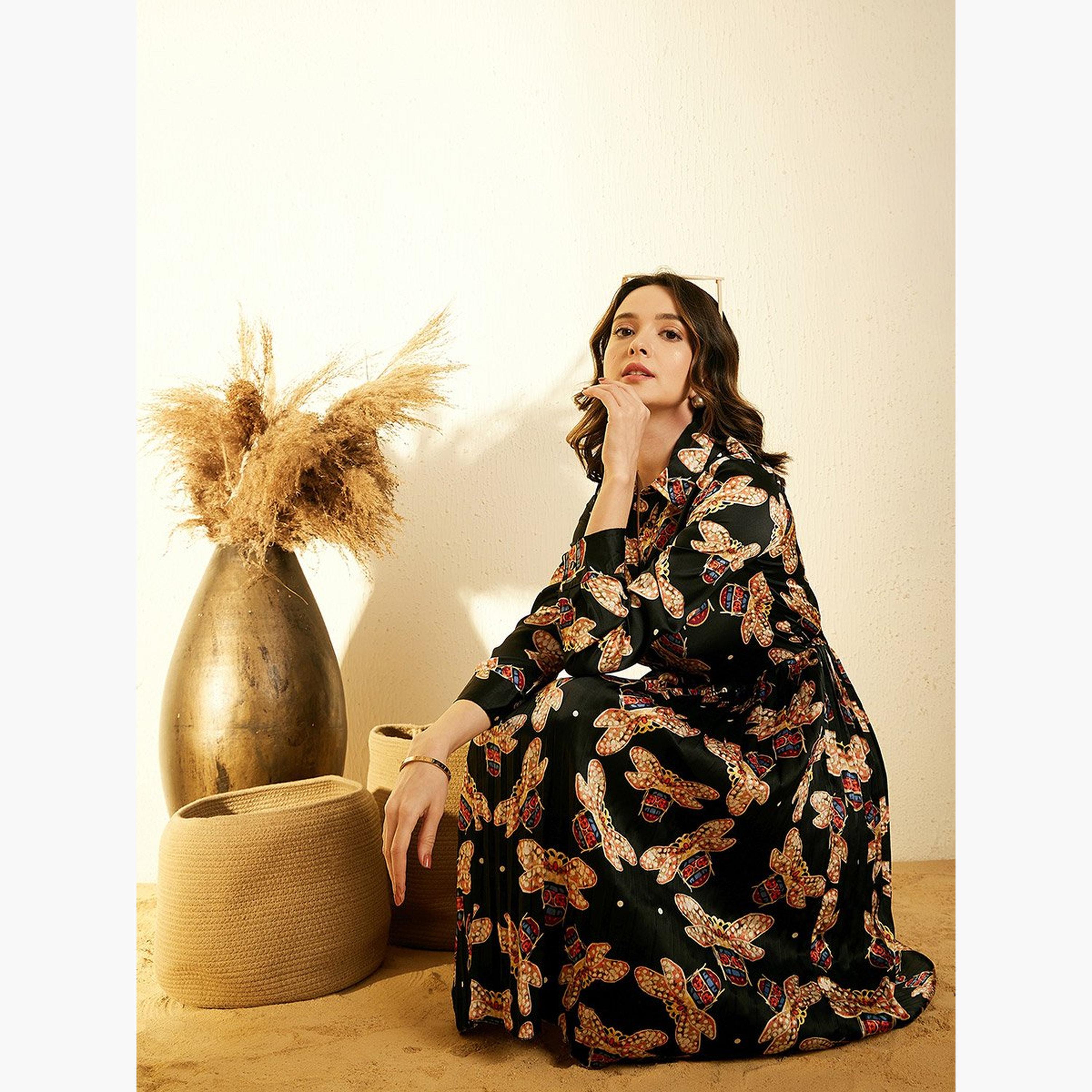 Stylestone X Styli All-Over Print Satin Pleated Knee Length Dress-women-clothing-dresses-image-2