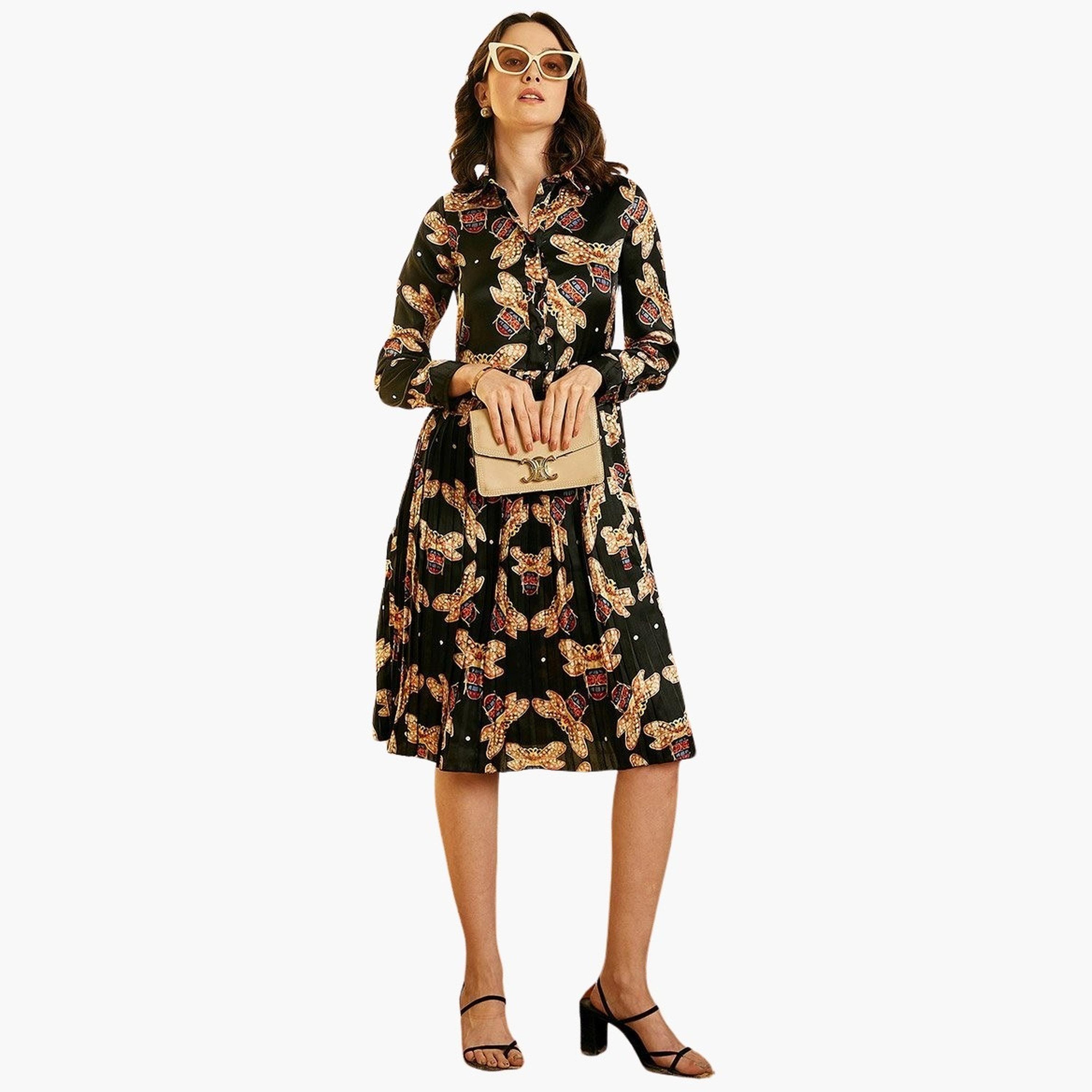 ستايل ستون × ستايلي - فستان ساتان مطبوع بالكامل، بثنيات طول للركبة-women-clothing-dresses-image-3