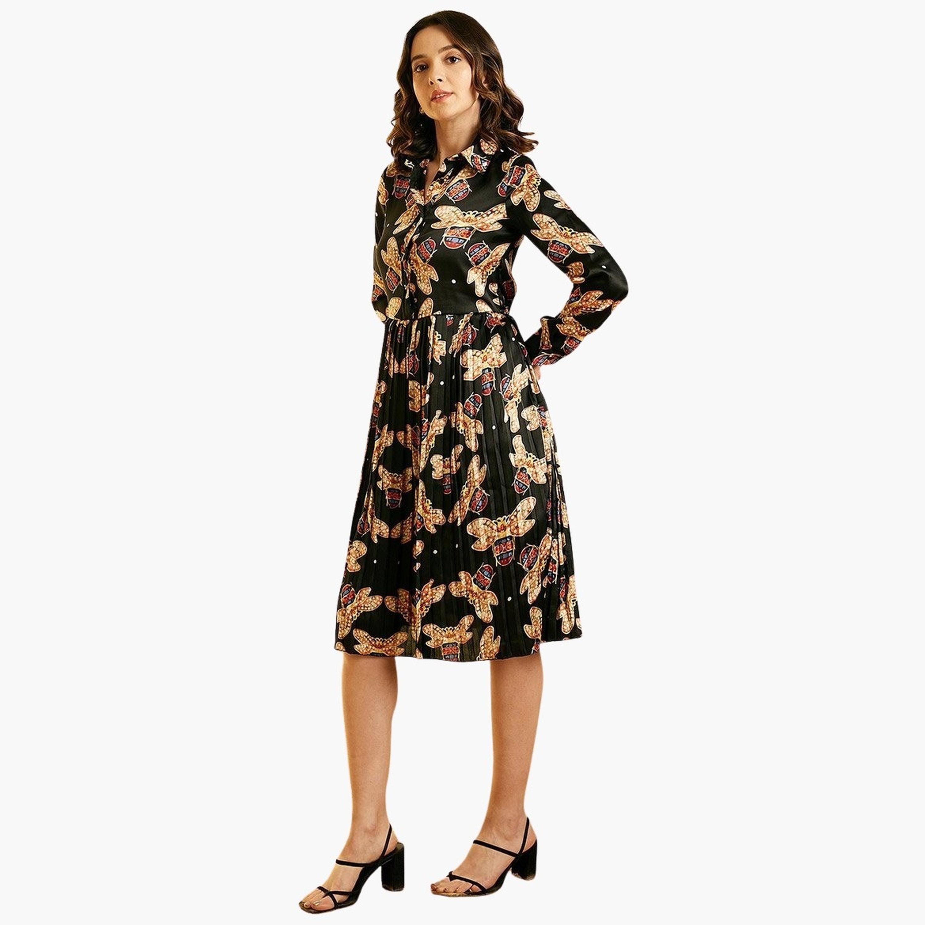 ستايل ستون × ستايلي - فستان ساتان مطبوع بالكامل، بثنيات طول للركبة-women-clothing-dresses-image-4