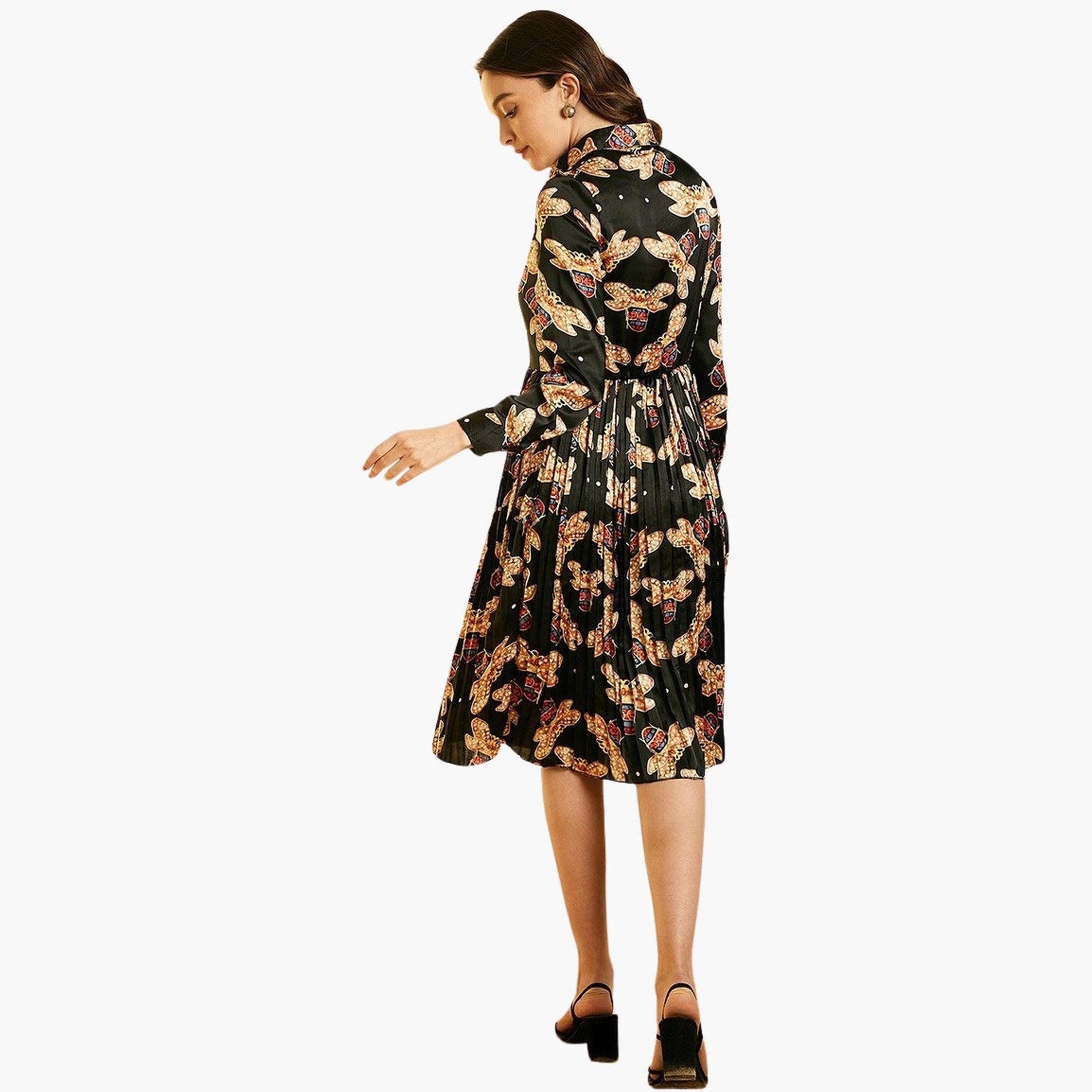 Stylestone X Styli All-Over Print Satin Pleated Knee Length Dress-women-clothing-dresses-image-5