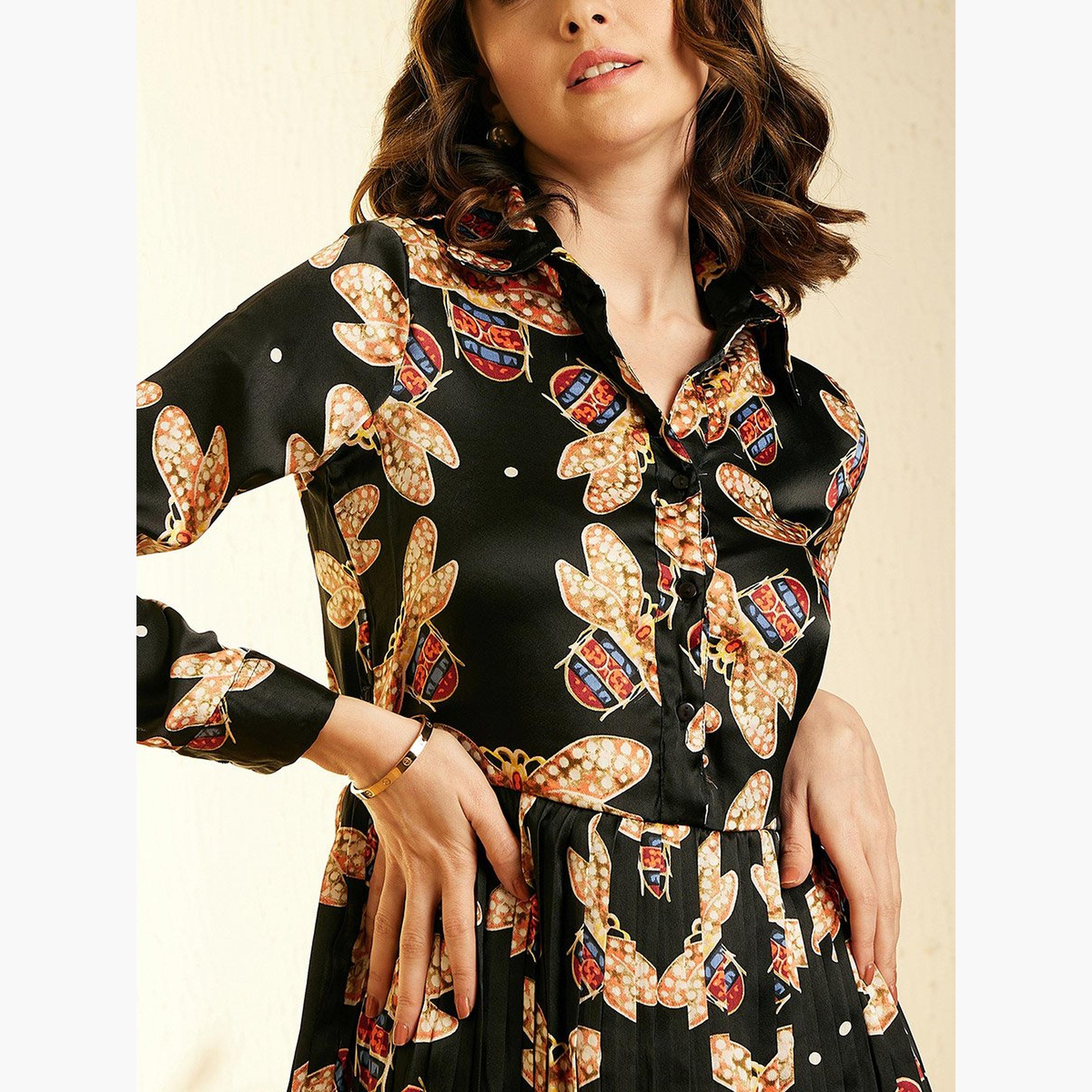 Stylestone X Styli All-Over Print Satin Pleated Knee Length Dress-women-clothing-dresses-image-6