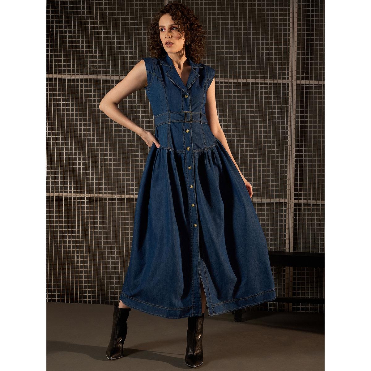 Stylestone X Styli Denim Sleeveless Buttoned Maxi Dress with Belt-women-clothing-dresses-image-1