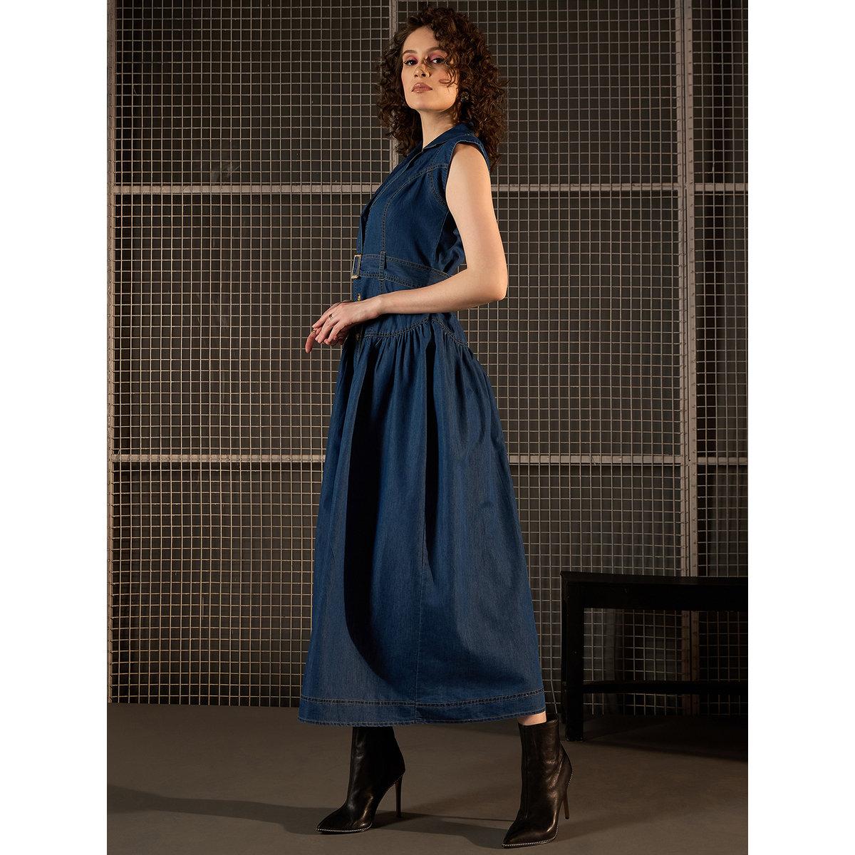 فستان دنيم طويل بتفاصيل أزرار مع حزام-women-clothing-dresses-image-3