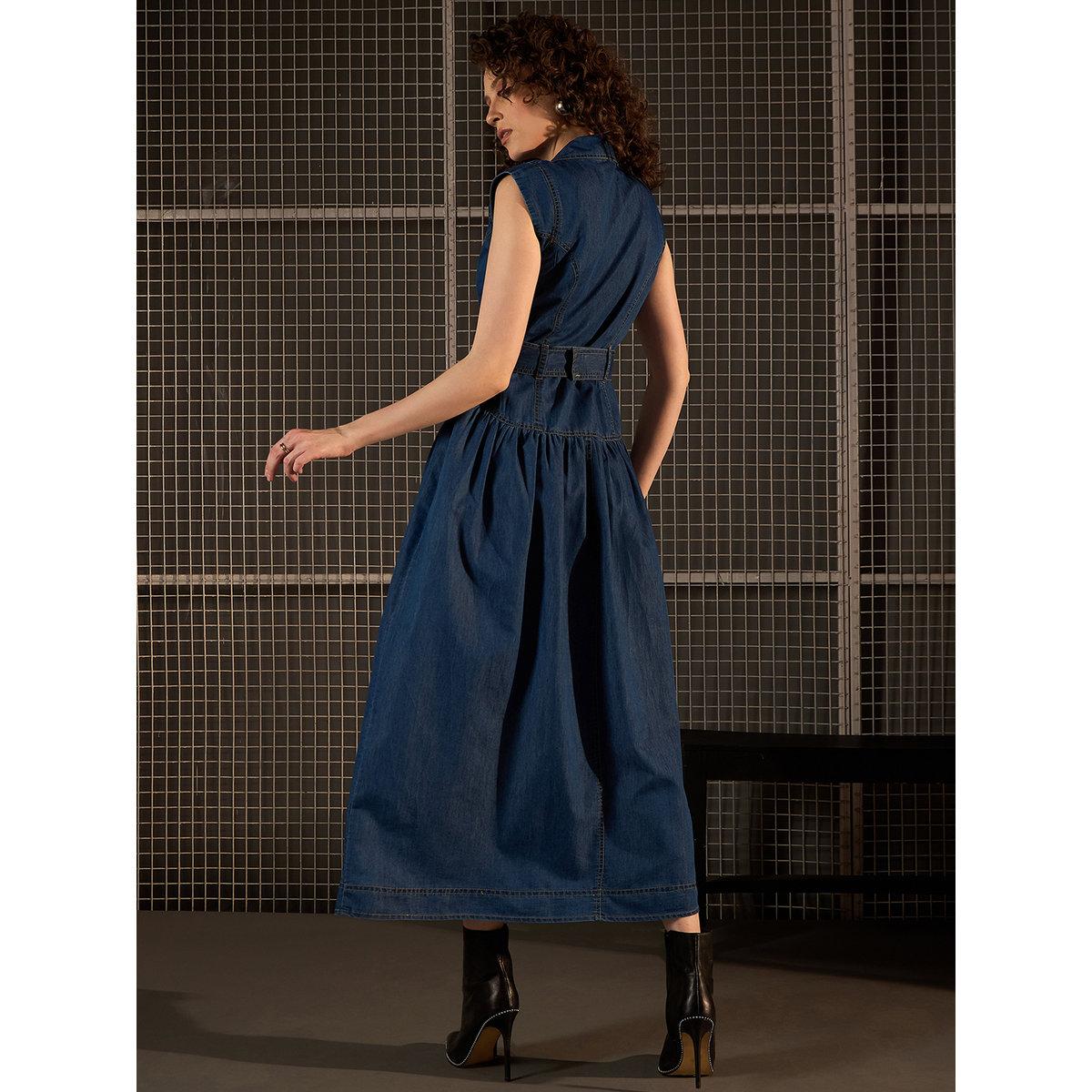 فستان دنيم طويل بتفاصيل أزرار مع حزام-women-clothing-dresses-image-4