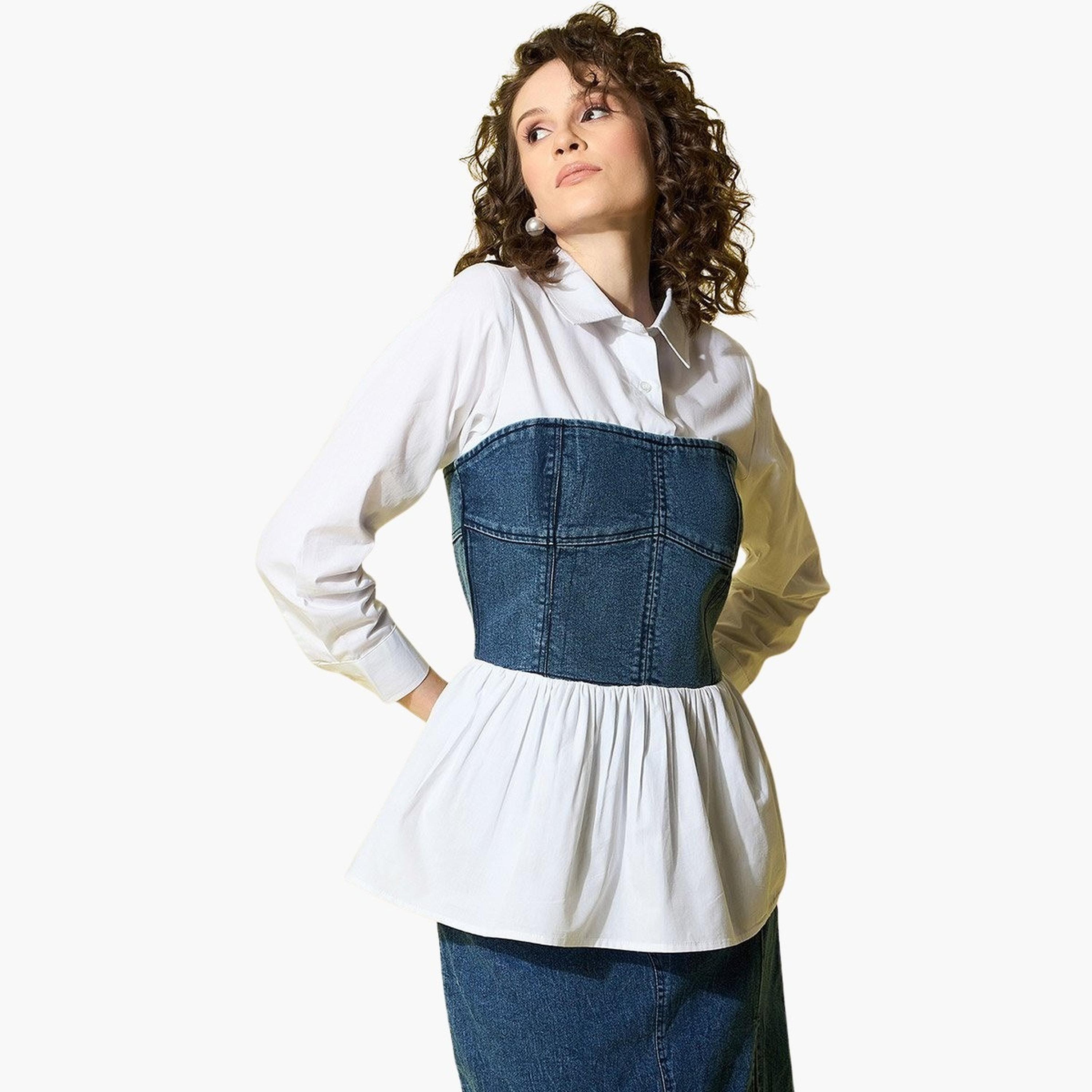 Stylestone X Styli White Cotton Top with attached Denim Corset-women-clothing-shirtsandblouses-shirts-image-1