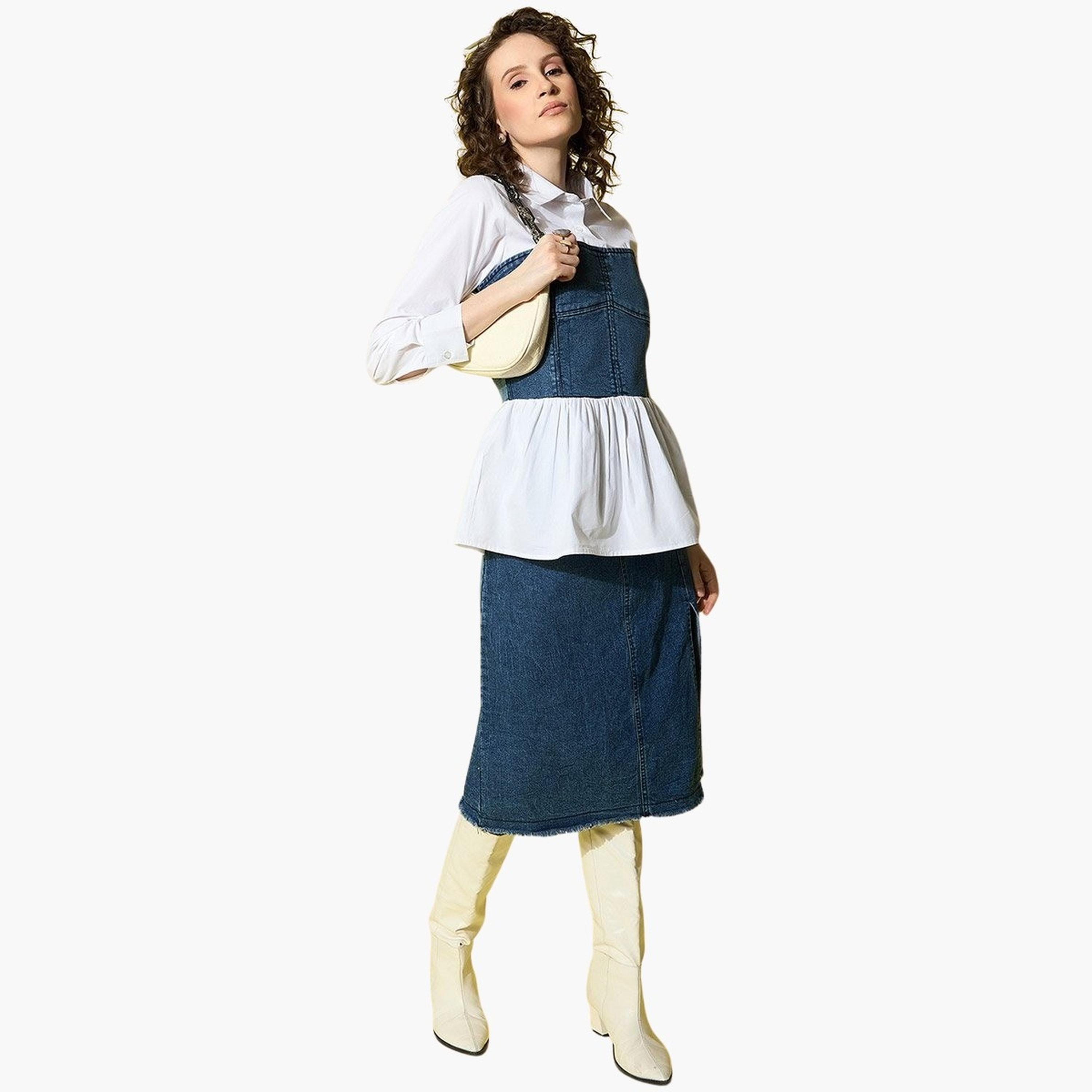 Stylestone X Styli White Cotton Top with attached Denim Corset-women-clothing-shirtsandblouses-shirts-image-2