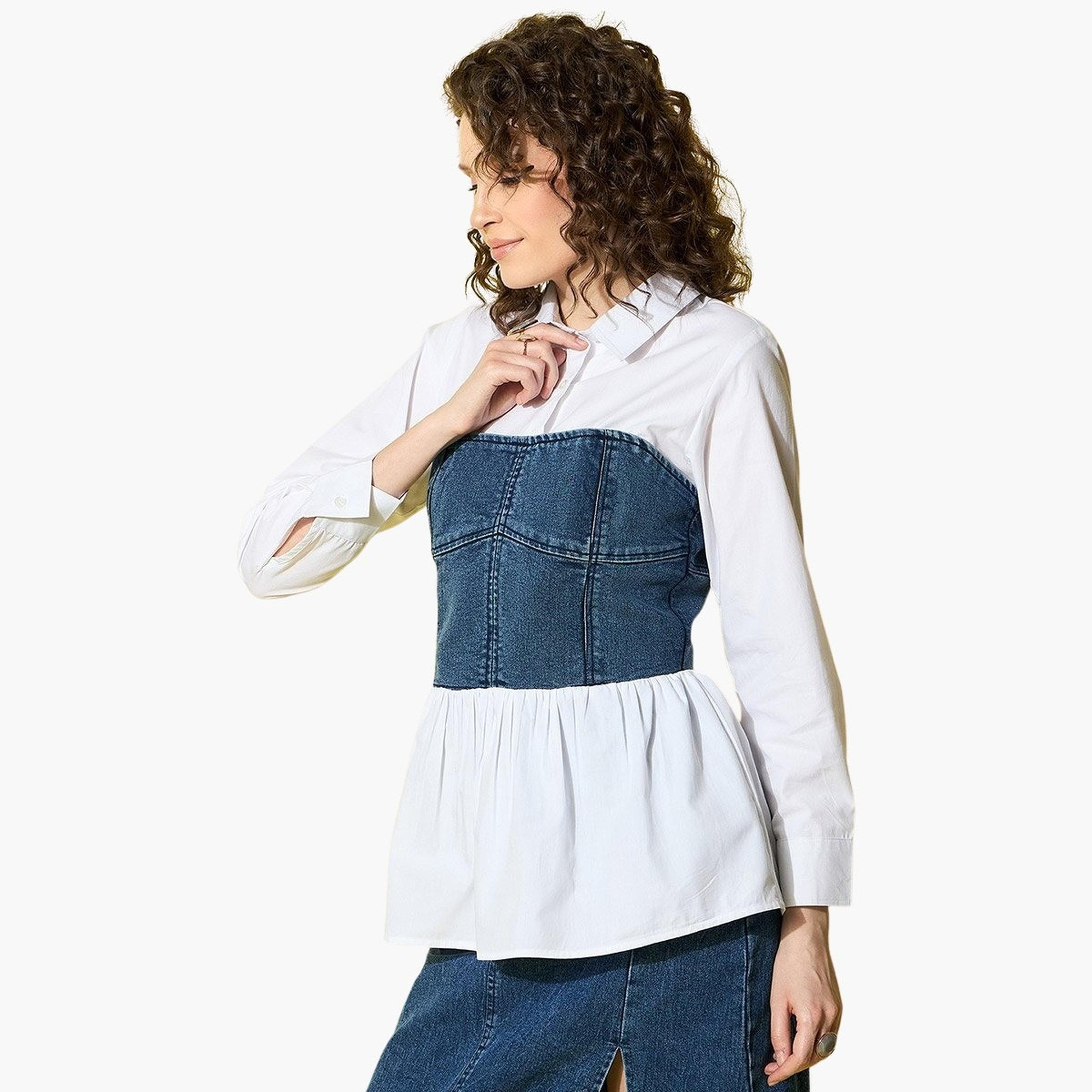 Stylestone X Styli White Cotton Top with attached Denim Corset-women-clothing-shirtsandblouses-shirts-image-3