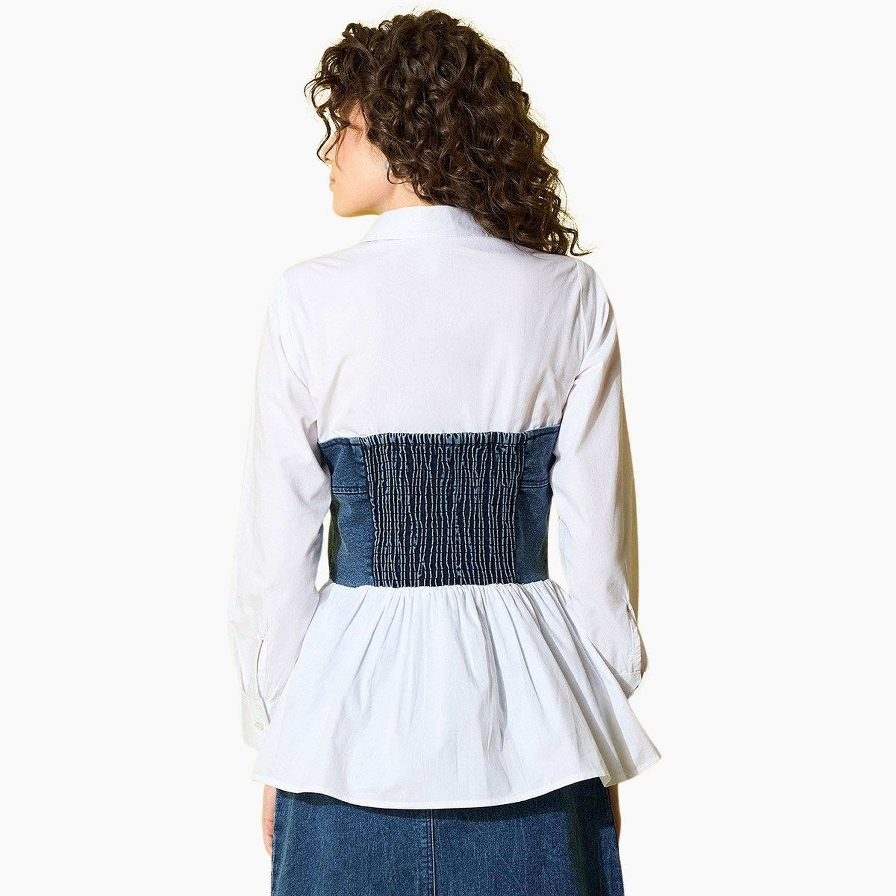 Stylestone X Styli White Cotton Top with attached Denim Corset-women-clothing-shirtsandblouses-shirts-image-4