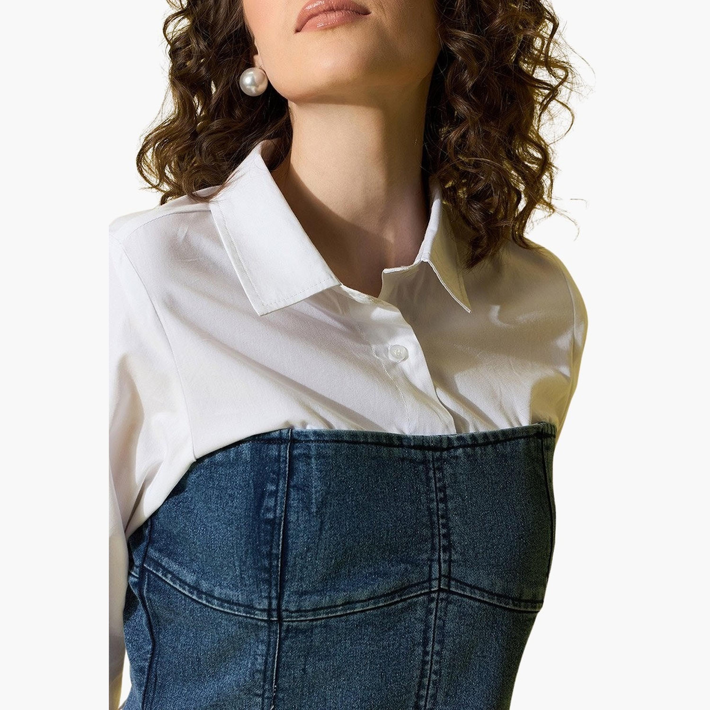 Stylestone X Styli White Cotton Top with attached Denim Corset-women-clothing-shirtsandblouses-shirts-image-5
