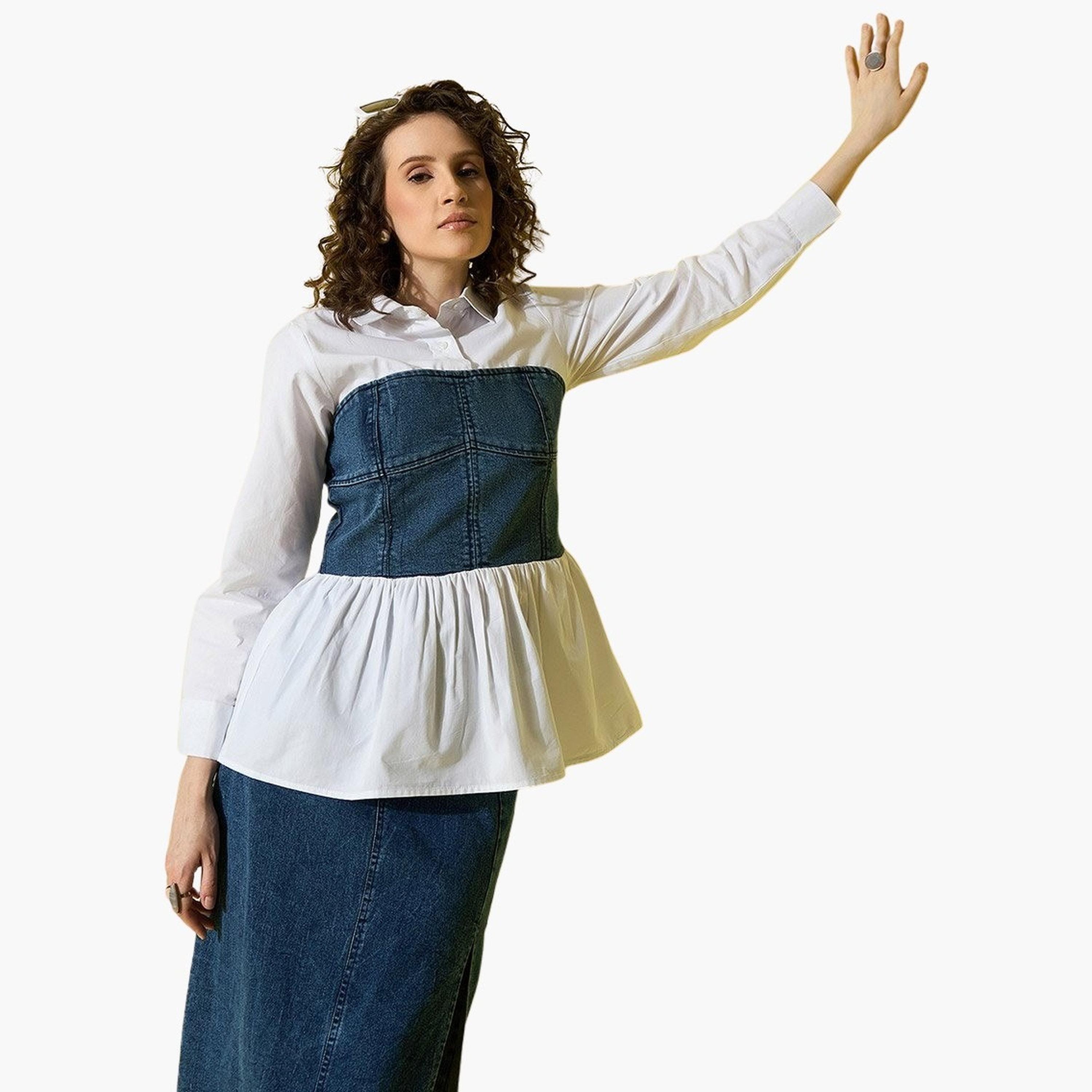 Stylestone X Styli White Cotton Top with attached Denim Corset-women-clothing-shirtsandblouses-shirts-image-6