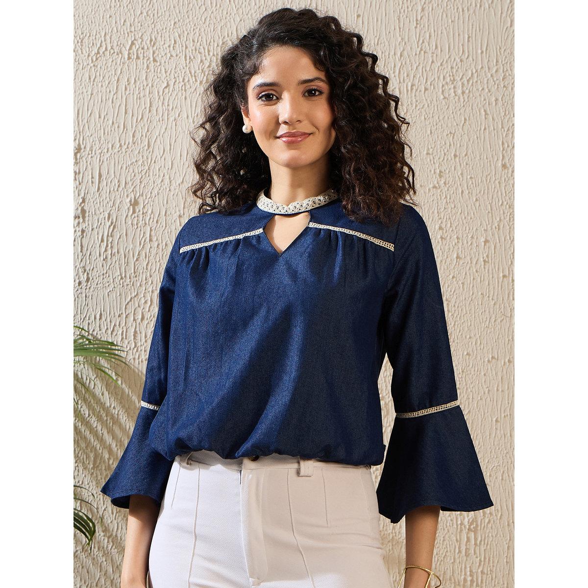 Stylestone X Styli Denim Keyhole Neck Top with Lace Detail-women-clothing-shirtsandblouses-blouses-image-1