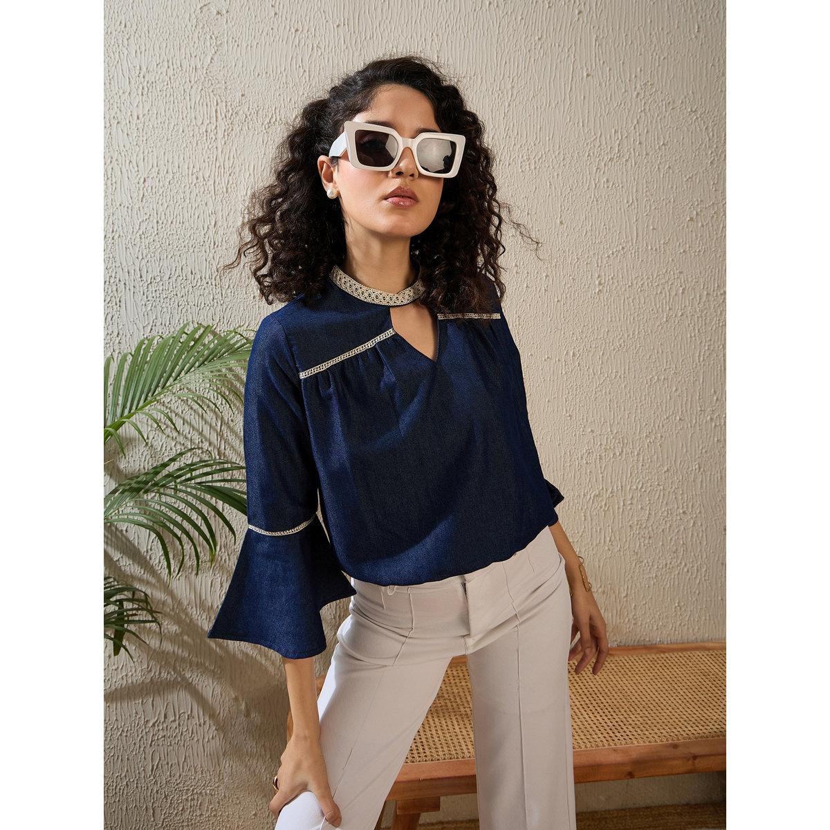 Stylestone X Styli Denim Keyhole Neck Top with Lace Detail-women-clothing-shirtsandblouses-blouses-image-3
