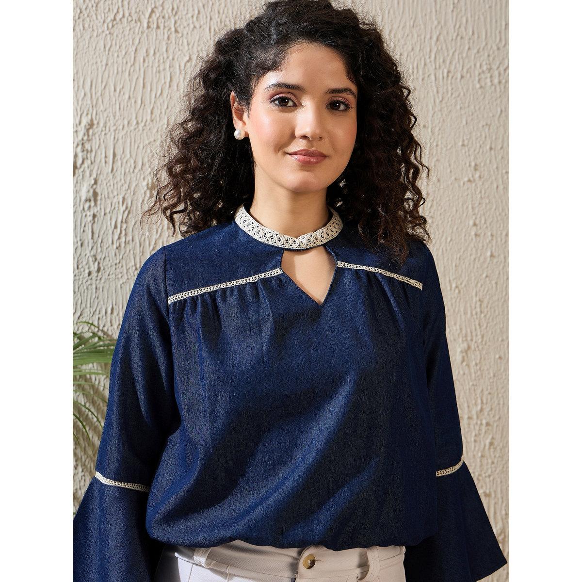 Stylestone X Styli Denim Keyhole Neck Top with Lace Detail-women-clothing-shirtsandblouses-blouses-image-5