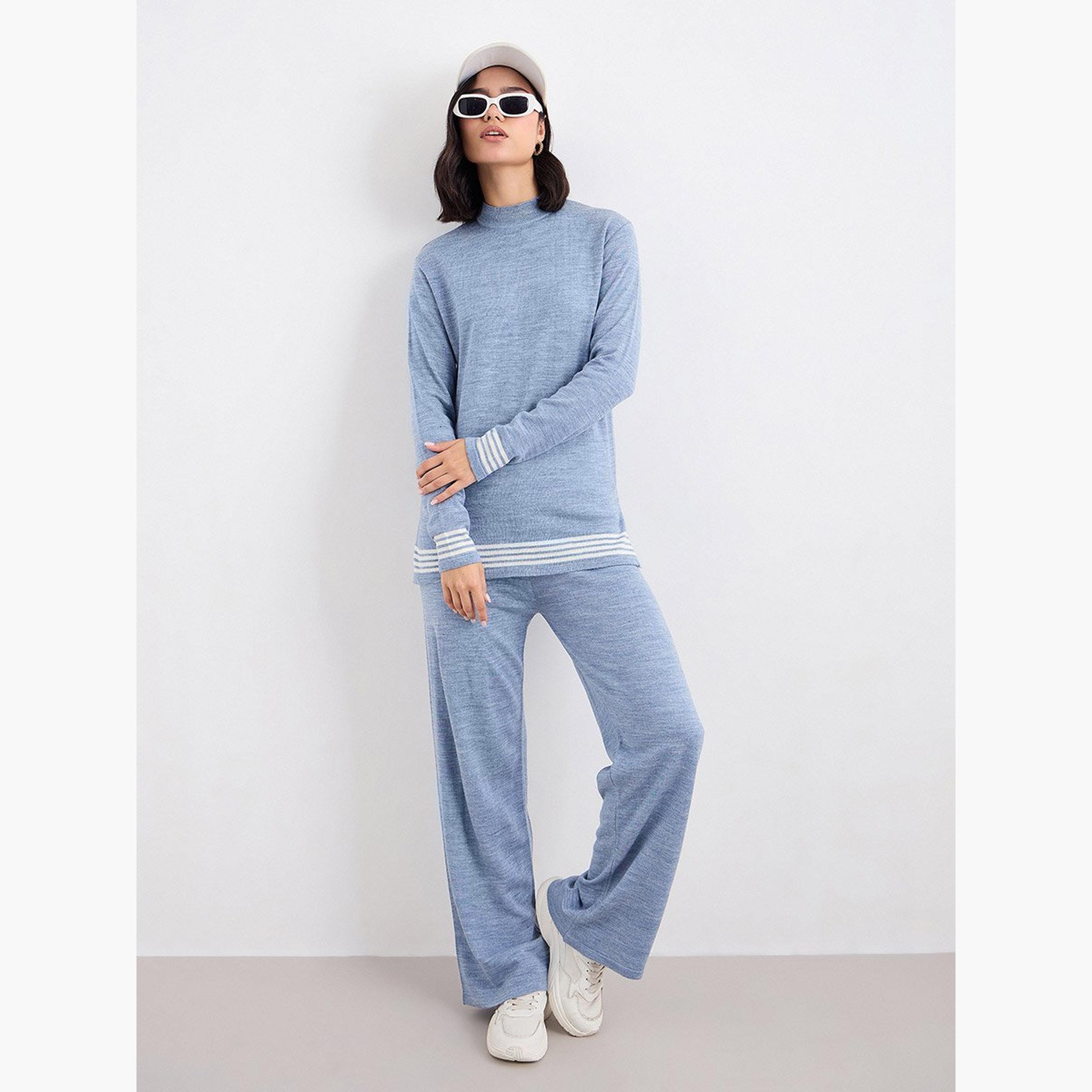 Amirah X Styli Women Striped Panel Knit Top and Pants Winter Modest Set-women-arabicclothing-sets-image-1
