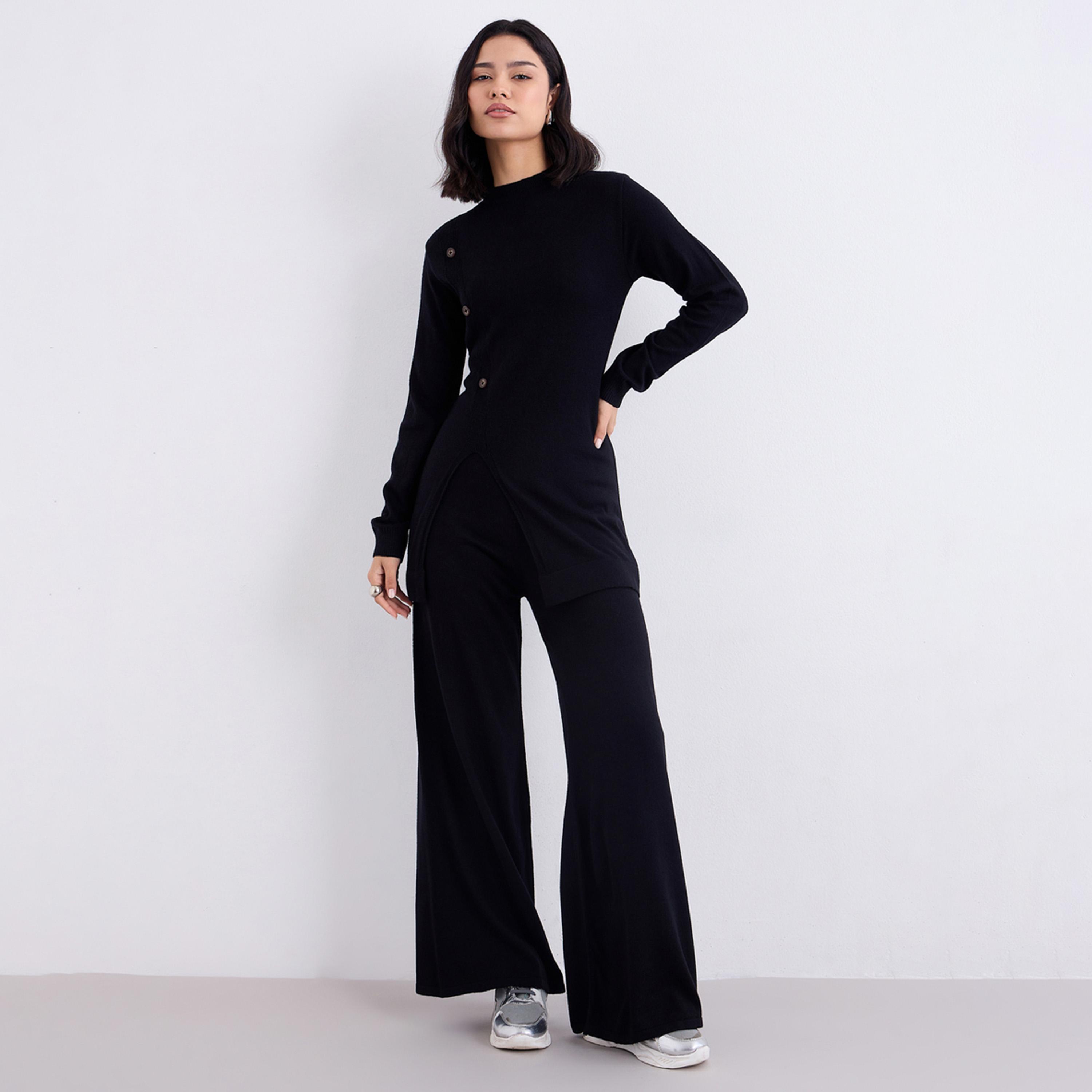 Styli Black Slit Hem Knit Top and Trousers Modest Set-women-arabicclothing-sets-image-1
