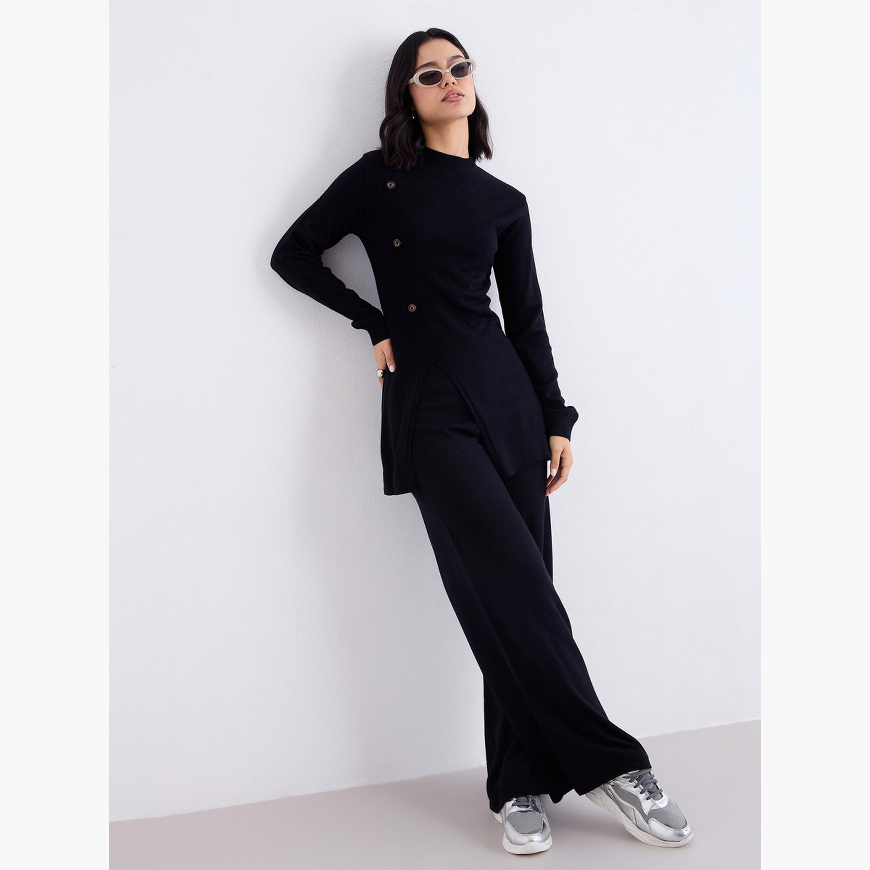 ستايلي - طقم محتشم من بلوزة وبنطال محبوكين بفتحة سوداء-women-arabicclothing-sets-image-2