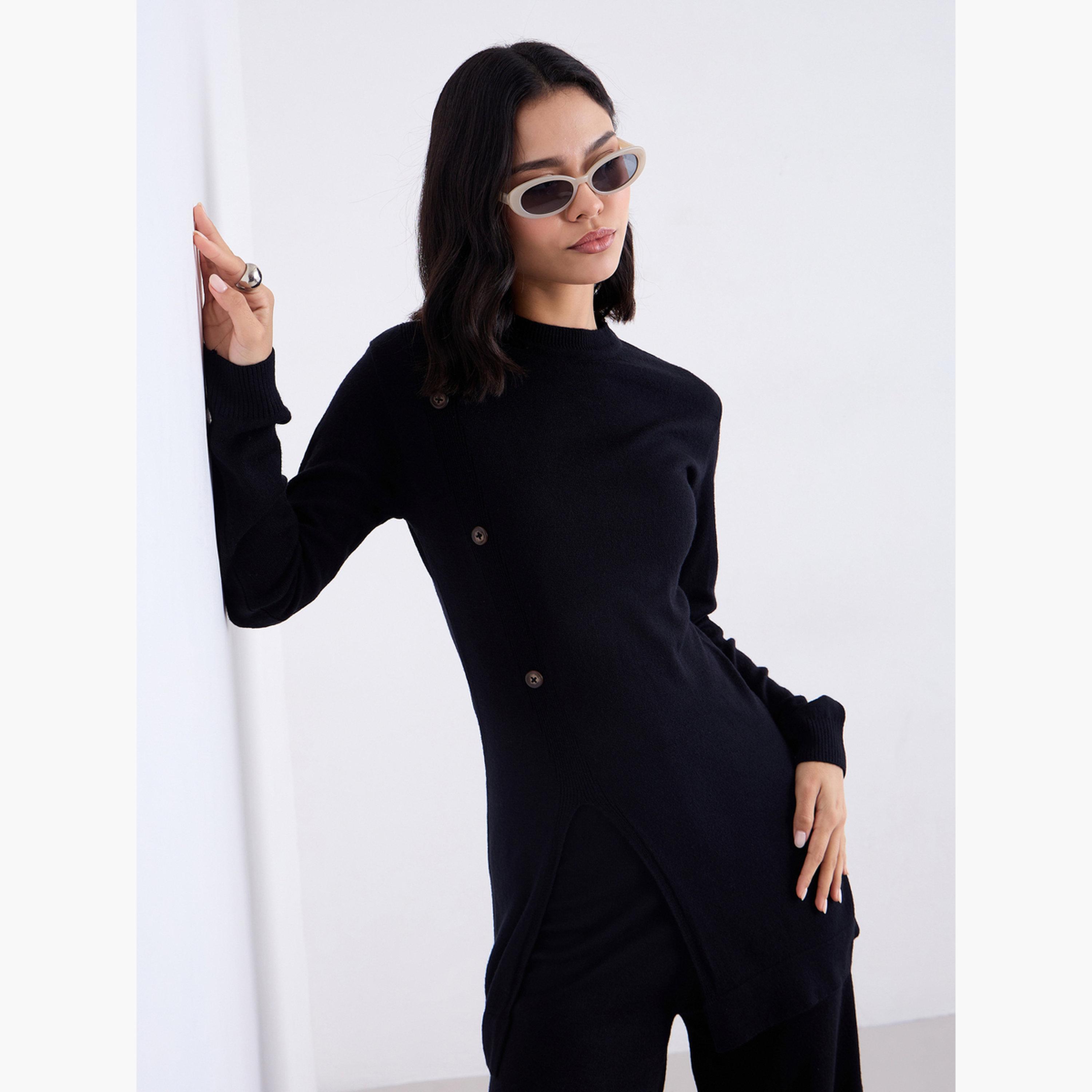 ستايلي - طقم محتشم من بلوزة وبنطال محبوكين بفتحة سوداء-women-arabicclothing-sets-image-3