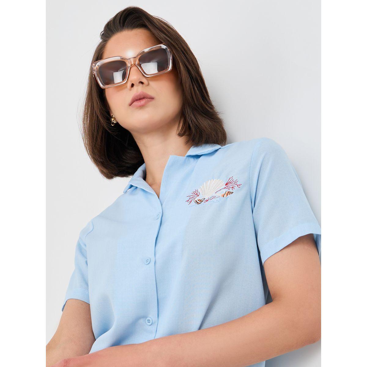 Styli Embroidered Short Sleeve Spread Collar Shirt-women-clothing-shirtsandblouses-shirts-image-1
