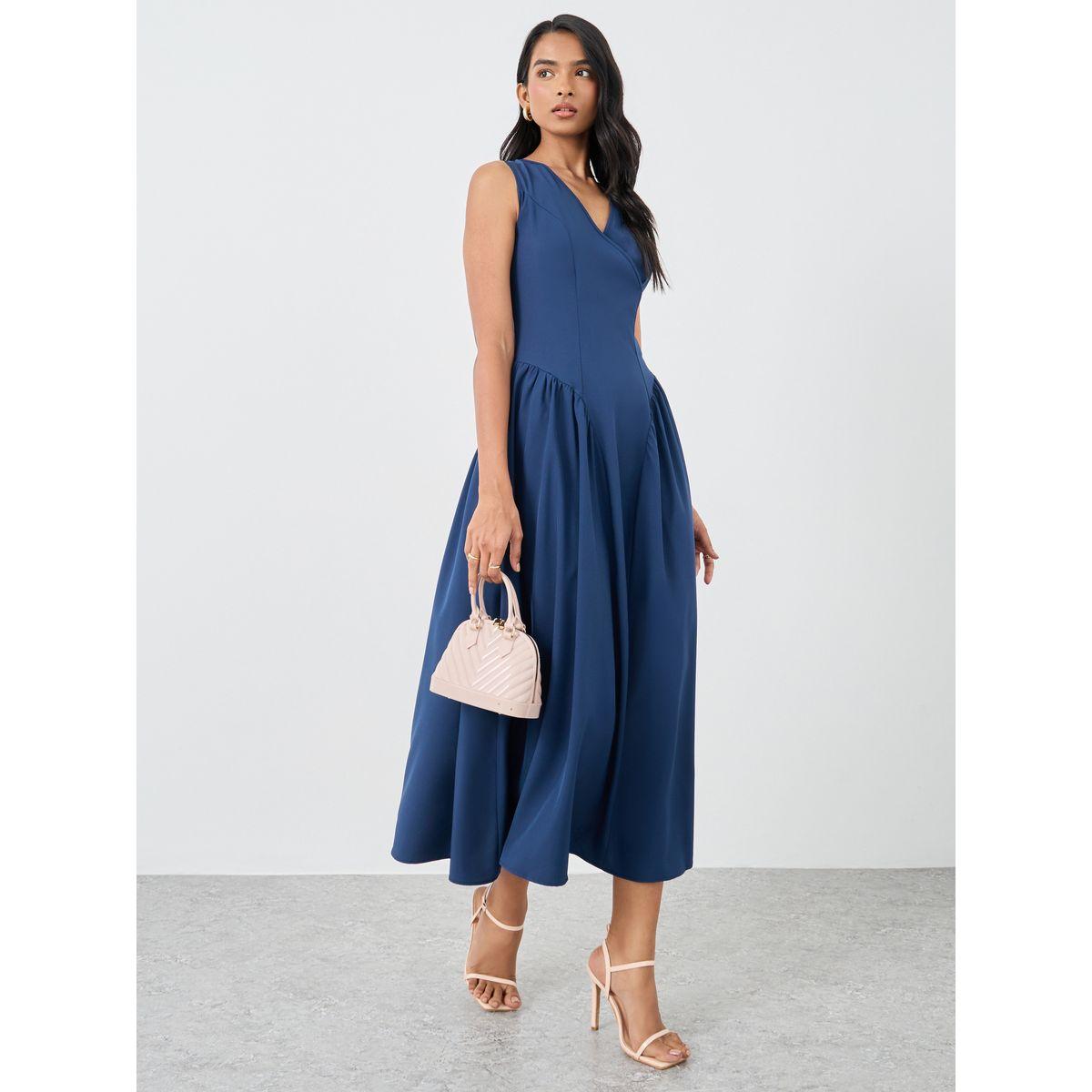Styli Solid Sleeveless V-Neck A-Line Midi Dress-women-clothing-dresses-image-1