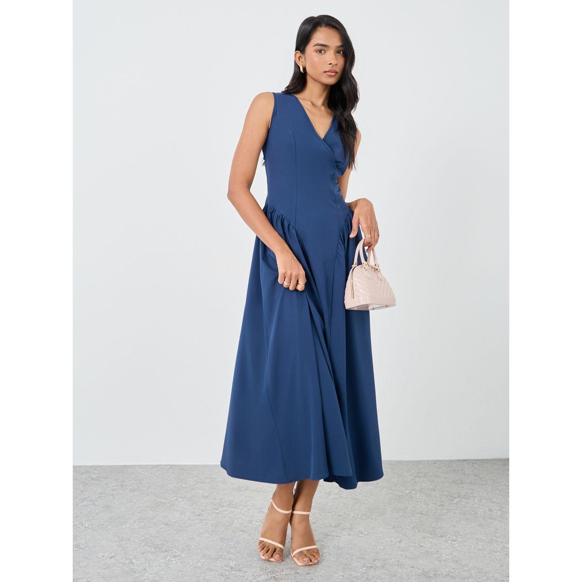Styli Solid Sleeveless V-Neck A-Line Midi Dress-women-clothing-dresses-image-2