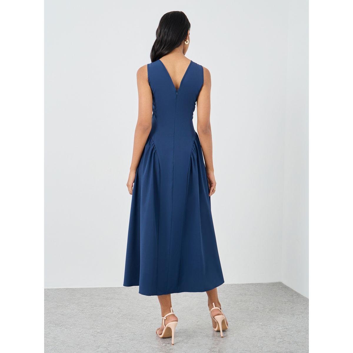 Styli Solid Sleeveless V-Neck A-Line Midi Dress-women-clothing-dresses-image-5