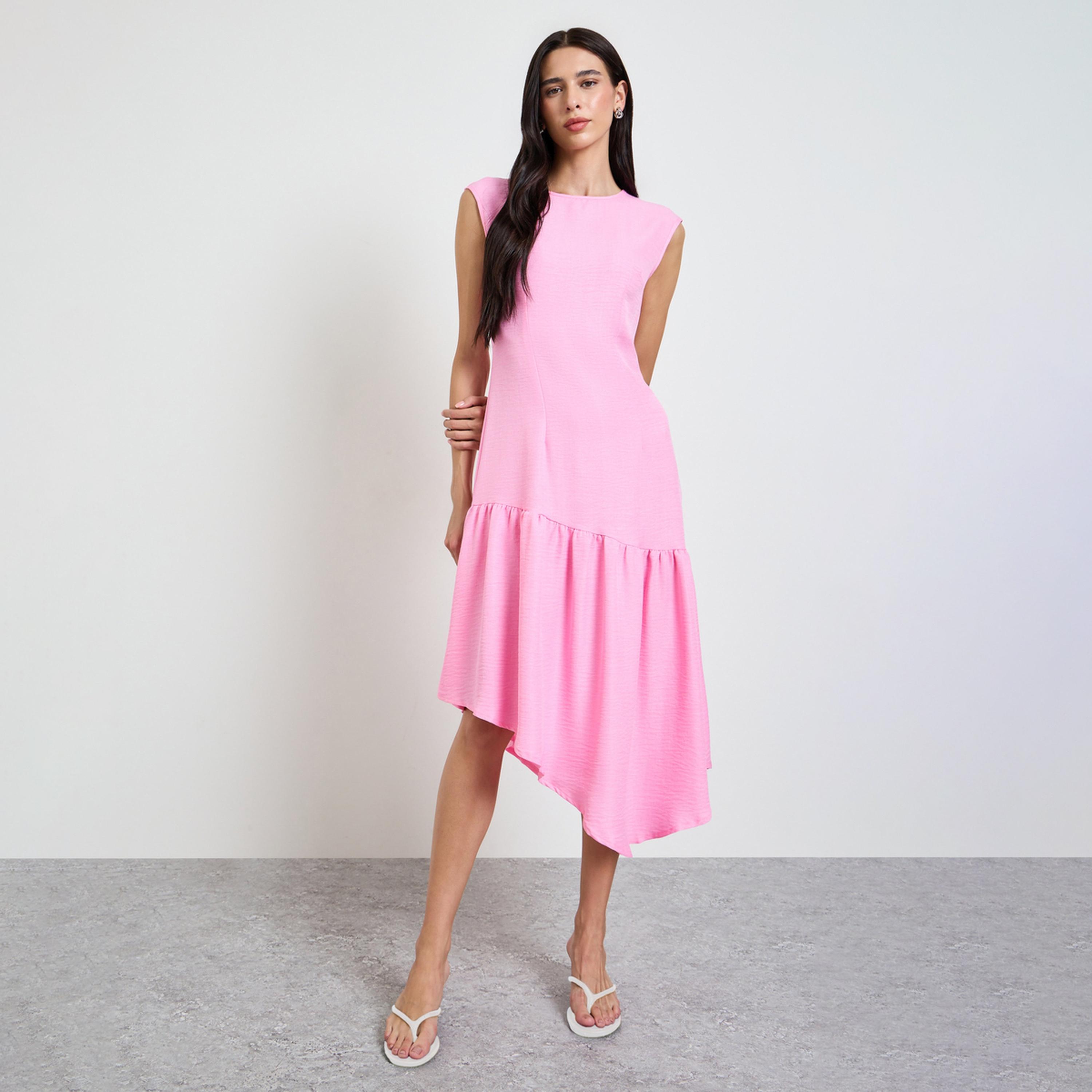 فستان ميدي بحافة واسعة وحافة غير متماثلة وردي-women-clothing-dresses-image-1