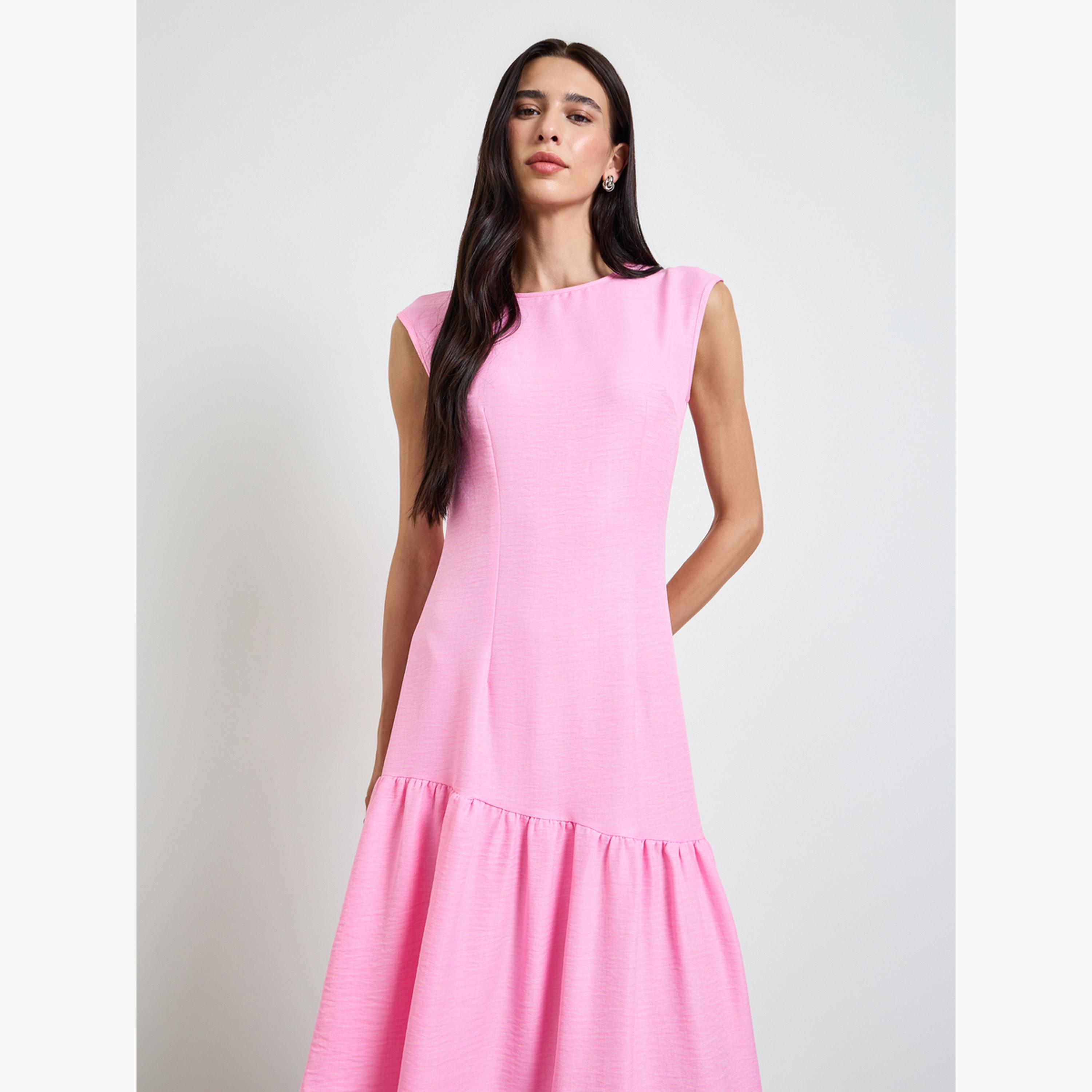 فستان ميدي بحافة واسعة وحافة غير متماثلة وردي-women-clothing-dresses-image-2