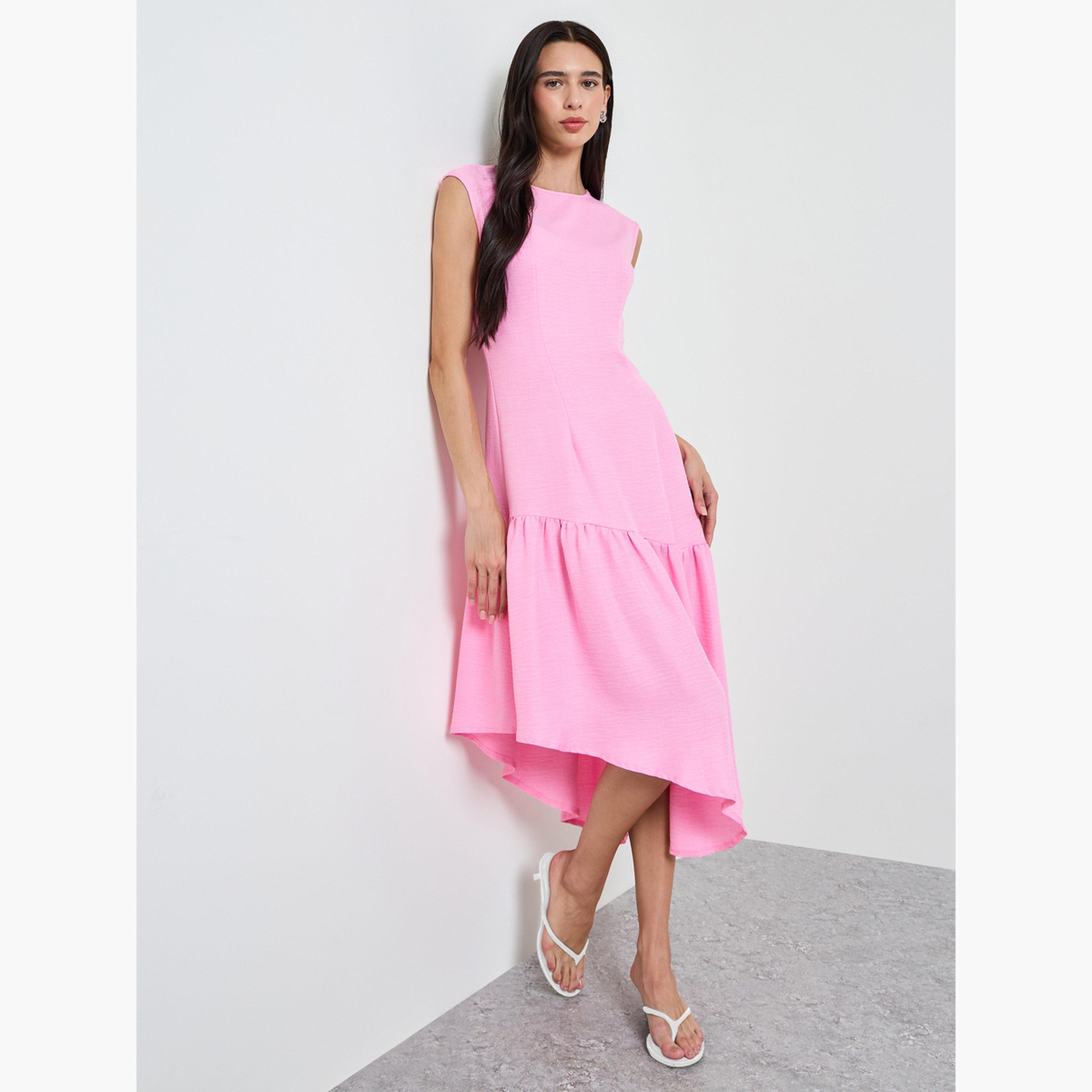 فستان ميدي بحافة واسعة وحافة غير متماثلة وردي-women-clothing-dresses-image-3