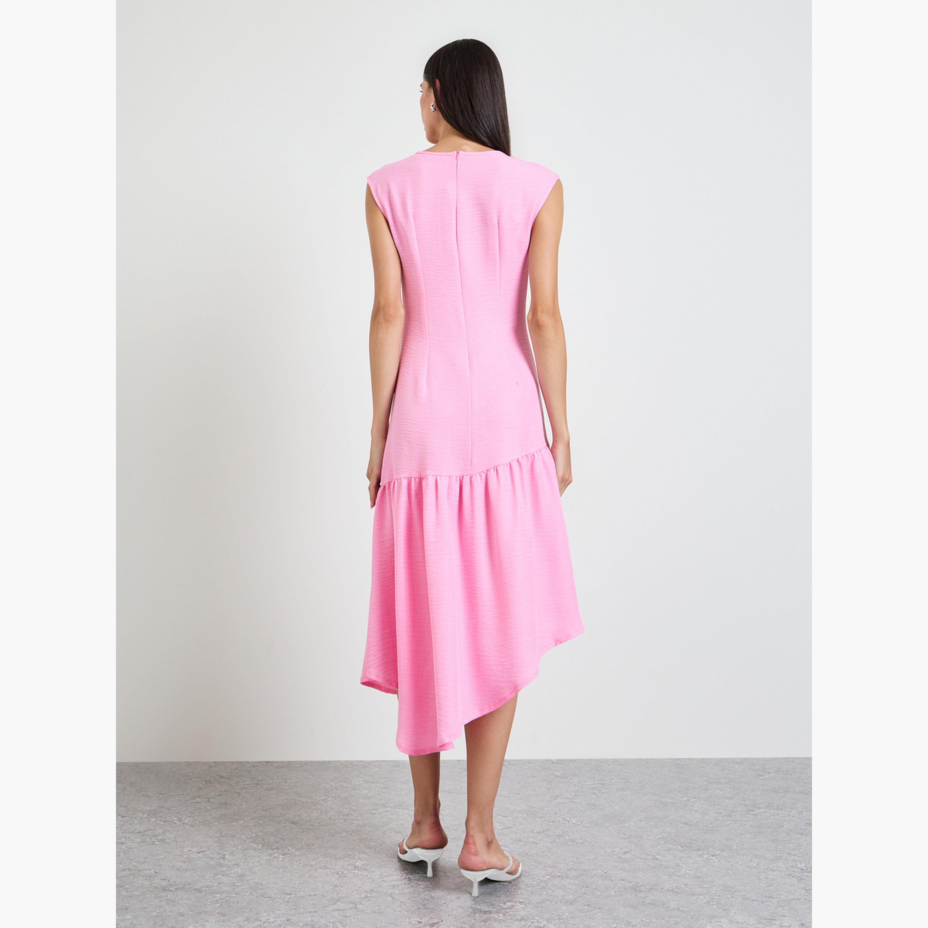 فستان ميدي بحافة واسعة وحافة غير متماثلة وردي-women-clothing-dresses-image-4