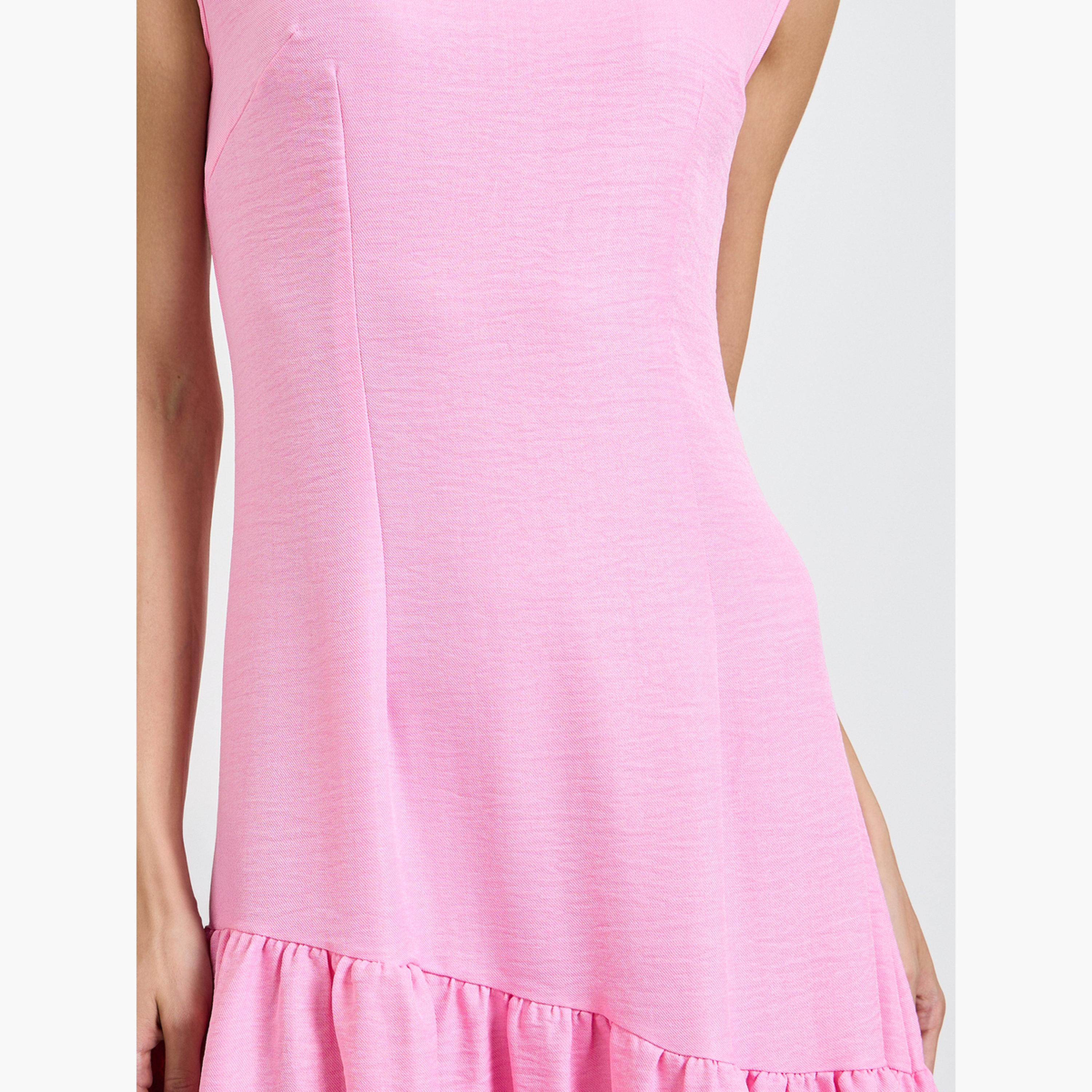 فستان ميدي بحافة واسعة وحافة غير متماثلة وردي-women-clothing-dresses-image-5