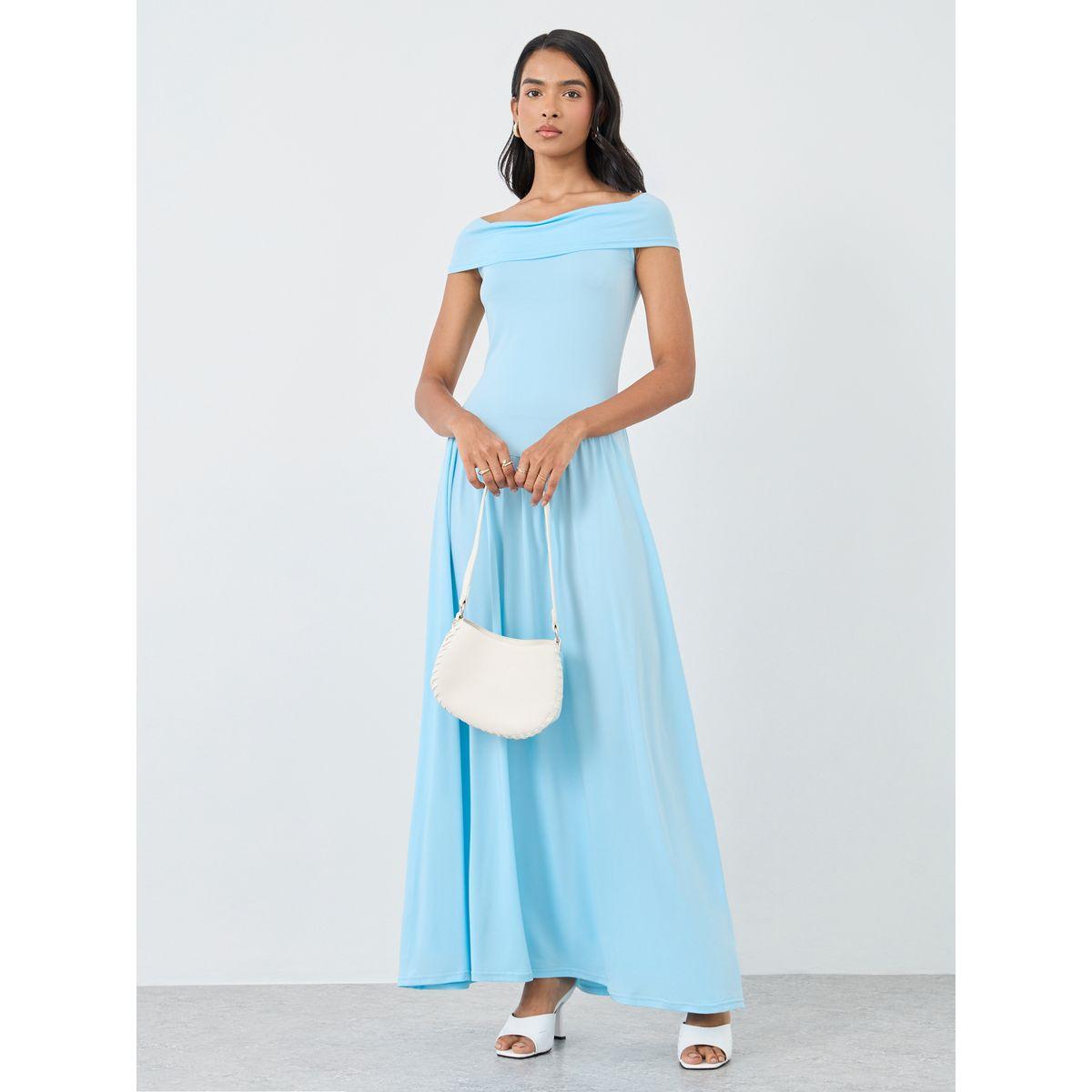 فستان طويل سادة بأكتاف مكشوفة وتفاصيل مُجمعة-women-clothing-dresses-image-2