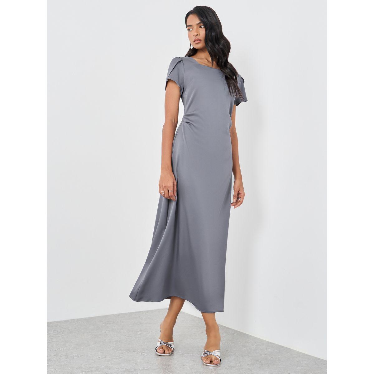 Styli Solid Short Sleeve Square Neck Midi Dress-women-clothing-dresses-image-2