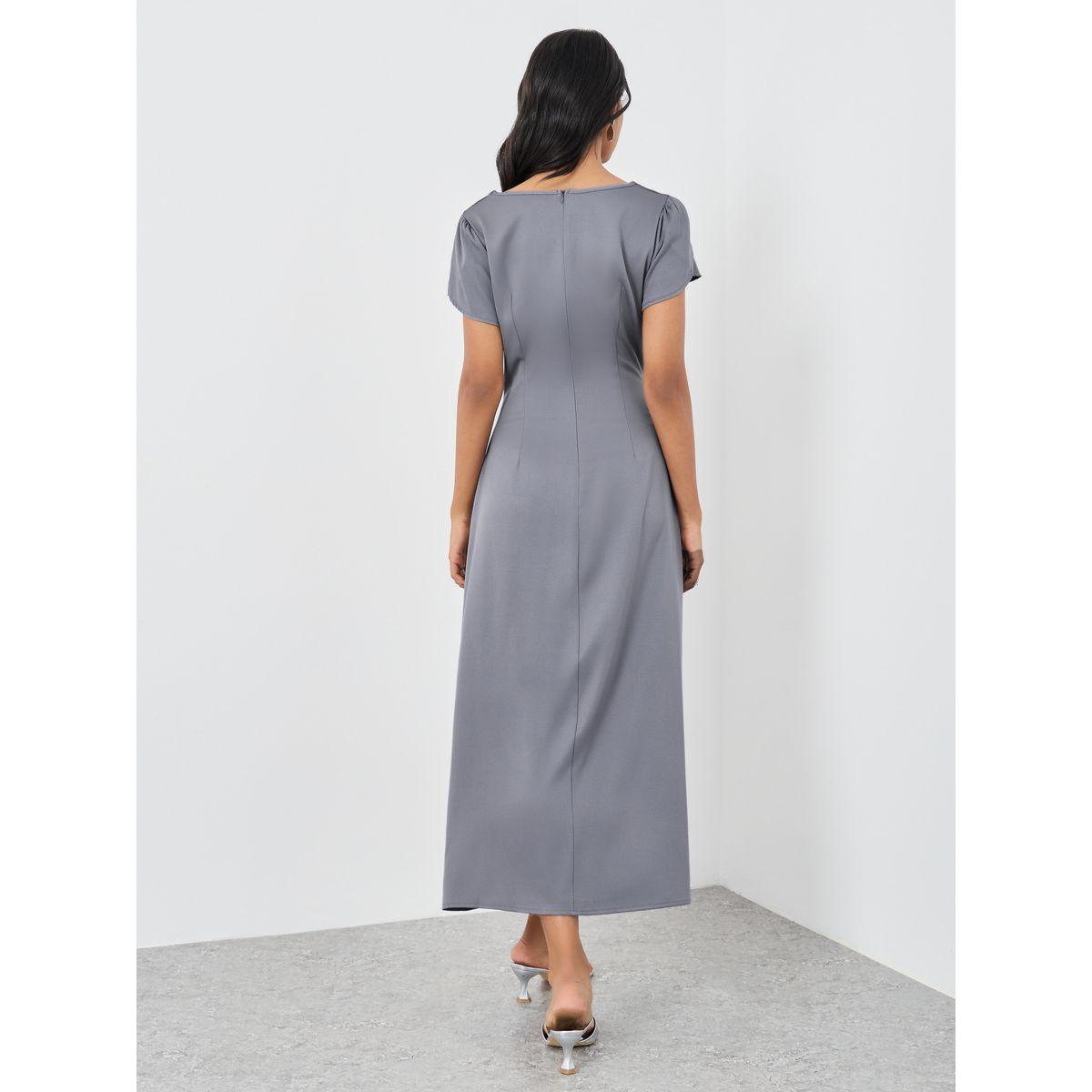 فستان ميدي سادة بأكمام قصيرة وياقة واسعة-women-clothing-dresses-image-5