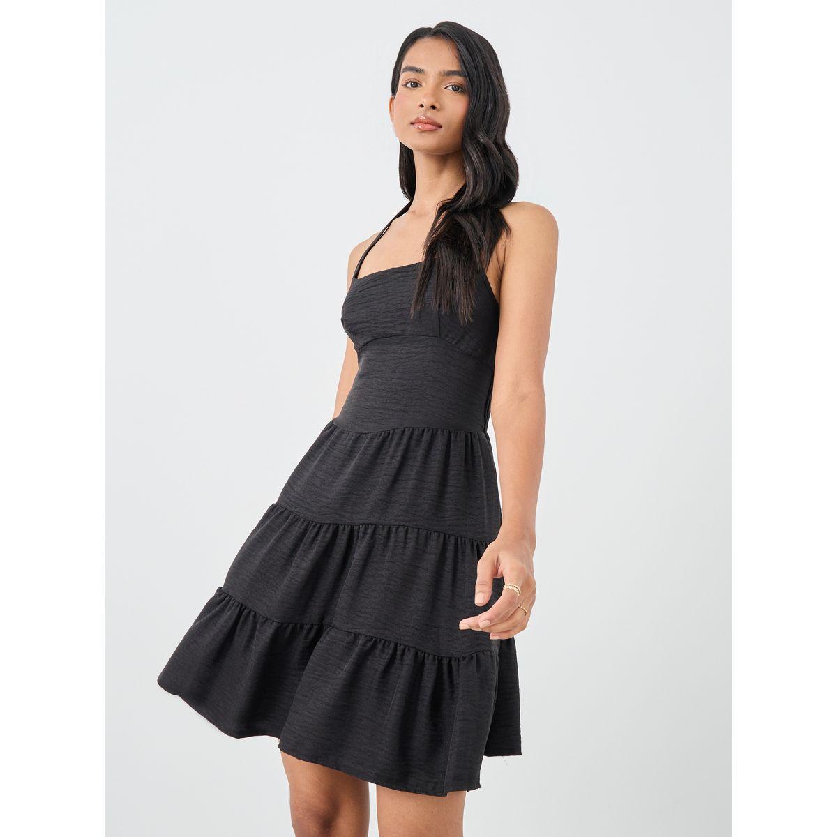 Styli Solid Sleeveless Halter Neck Tiered Mini Dress-women-clothing-dresses-image-1