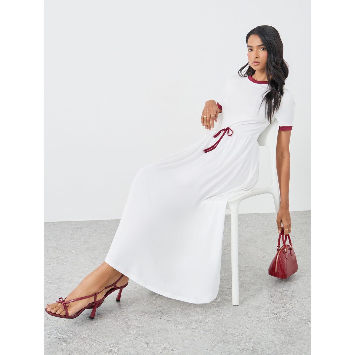 Styli Solid Short Sleeve A-Line Midi Dress with Bow Detail-women-clothing-dresses-image-1