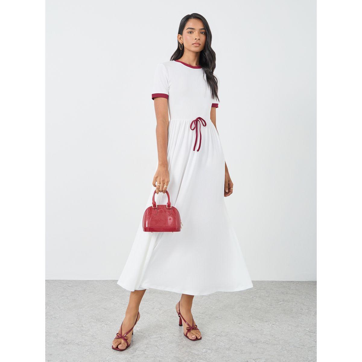 فستان ميدي سادة بأكمام قصيرة وربطة فيونكة-women-clothing-dresses-image-2