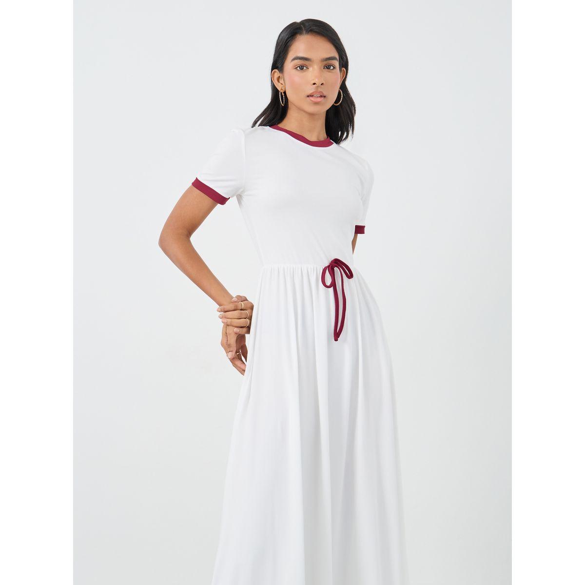 فستان ميدي سادة بأكمام قصيرة وربطة فيونكة-women-clothing-dresses-image-3
